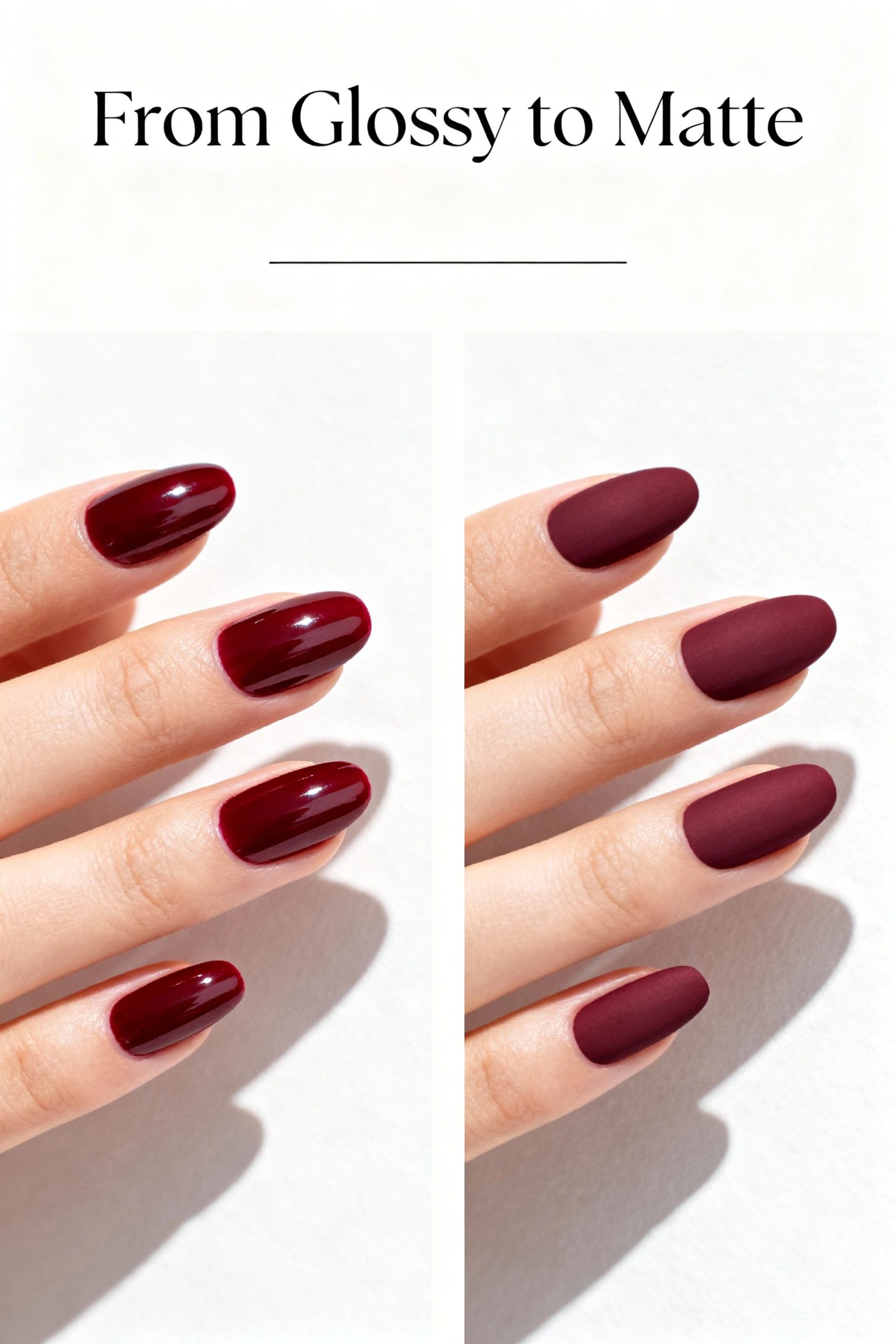 A before-and-after comparison image showing a woman's hand with shiny, glossy burgundy nails on the left and velvety, matte burgundy nails on the right, with the text 'From Glossy to Matte' above.