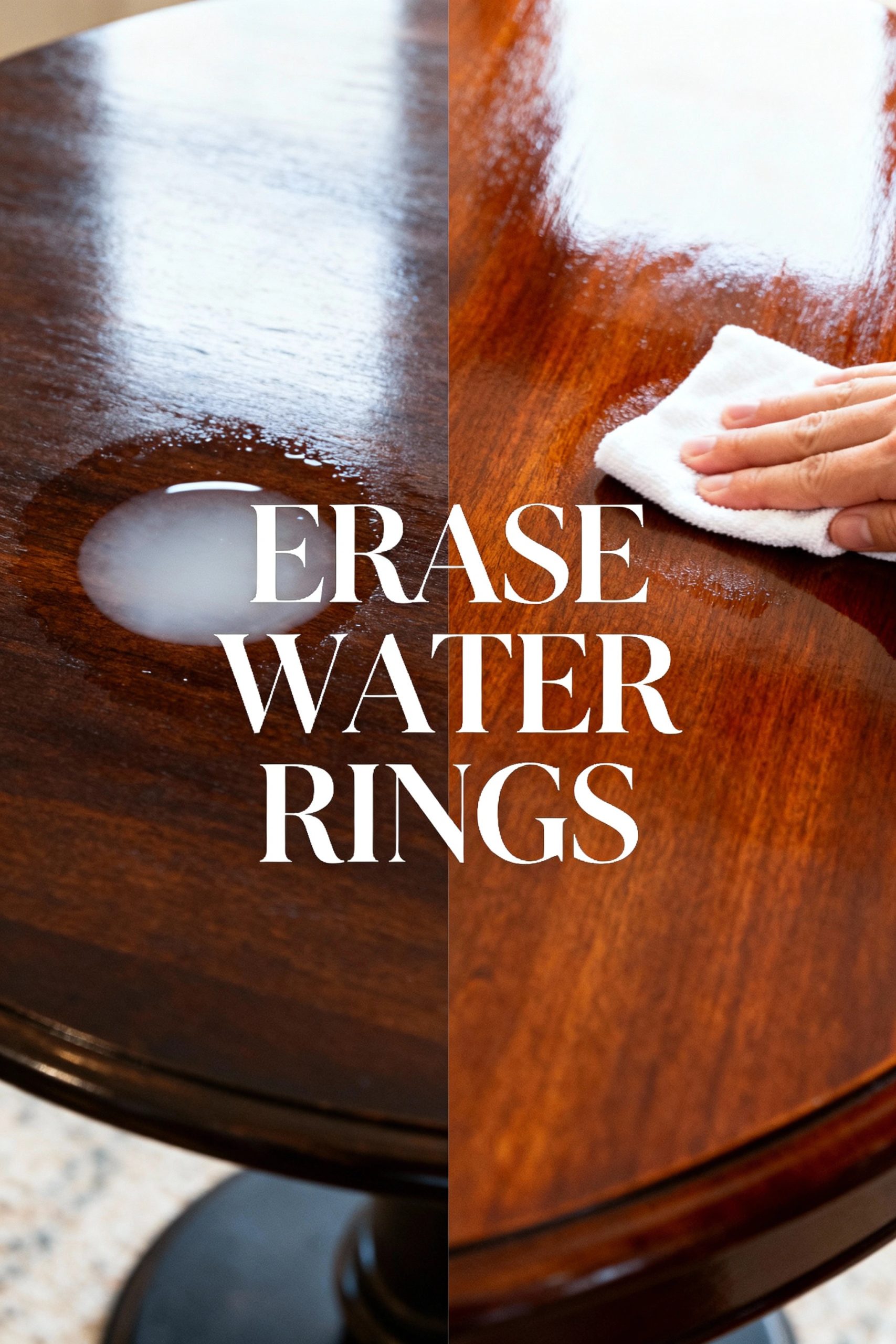 Before and after split-screen image showing a white water ring on a wood table on the left, and the same table being wiped clean with a cloth on the right. Text overlay reads 'Erase Water Rings'.