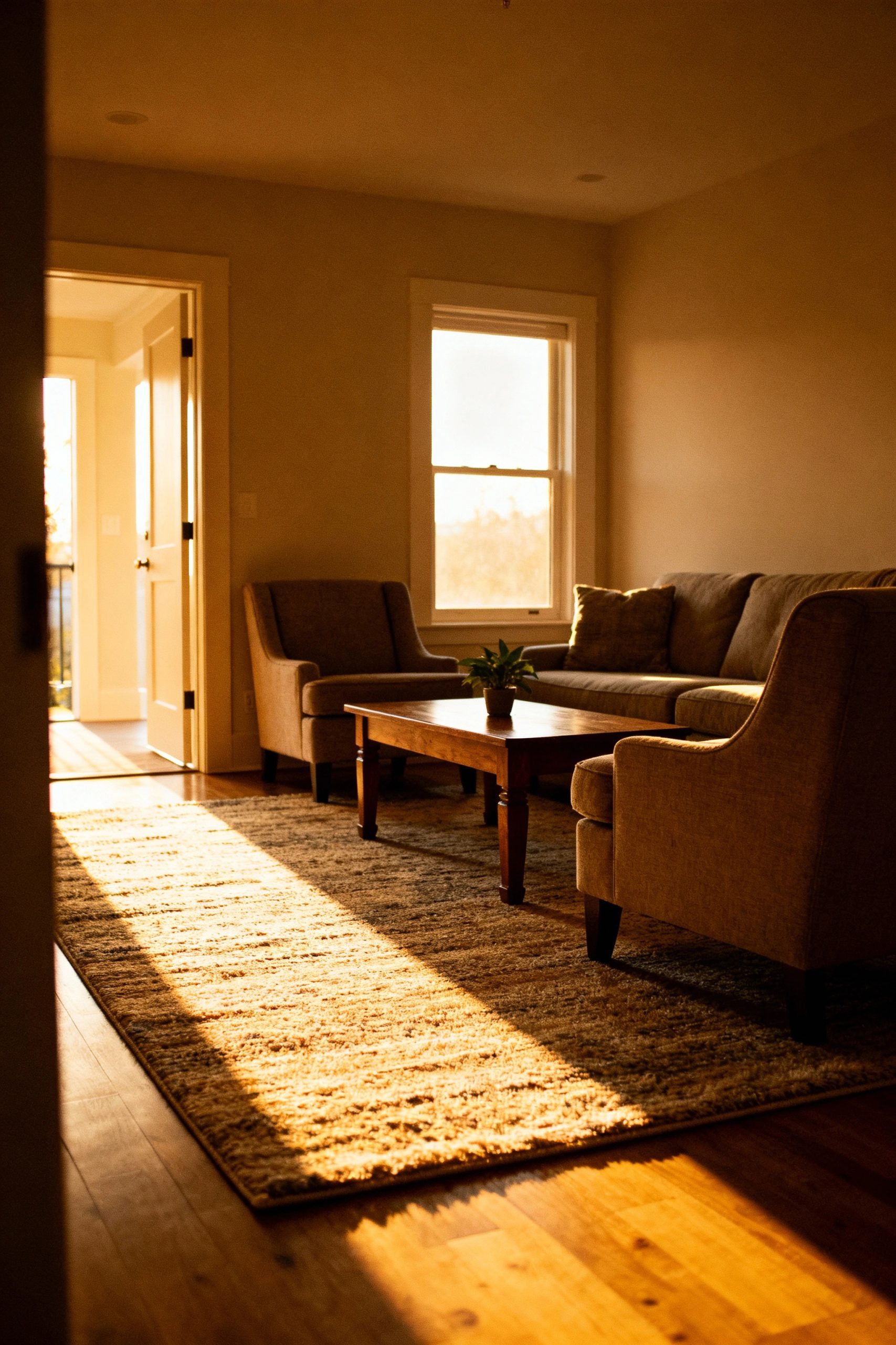 An angled shot of a cozy living room at sunset, showing a clear pathway and a seating arrangement with a sofa and armchairs around a coffee table.