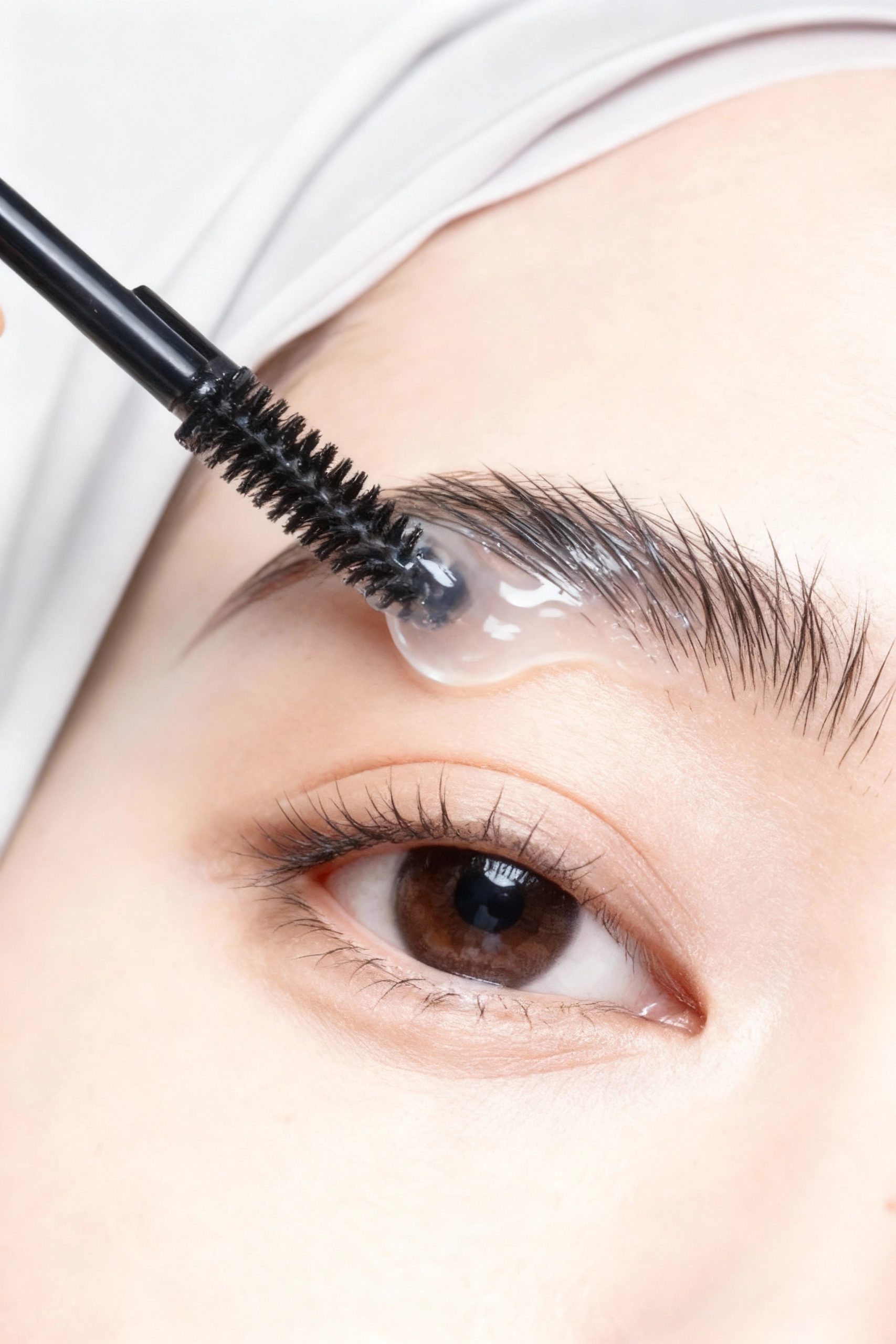 A detailed macro shot showing the correct technique for soap brows, with a spoolie brushing eyebrow hairs upward using a clear, gel-like soap paste to achieve a flawless laminated effect.