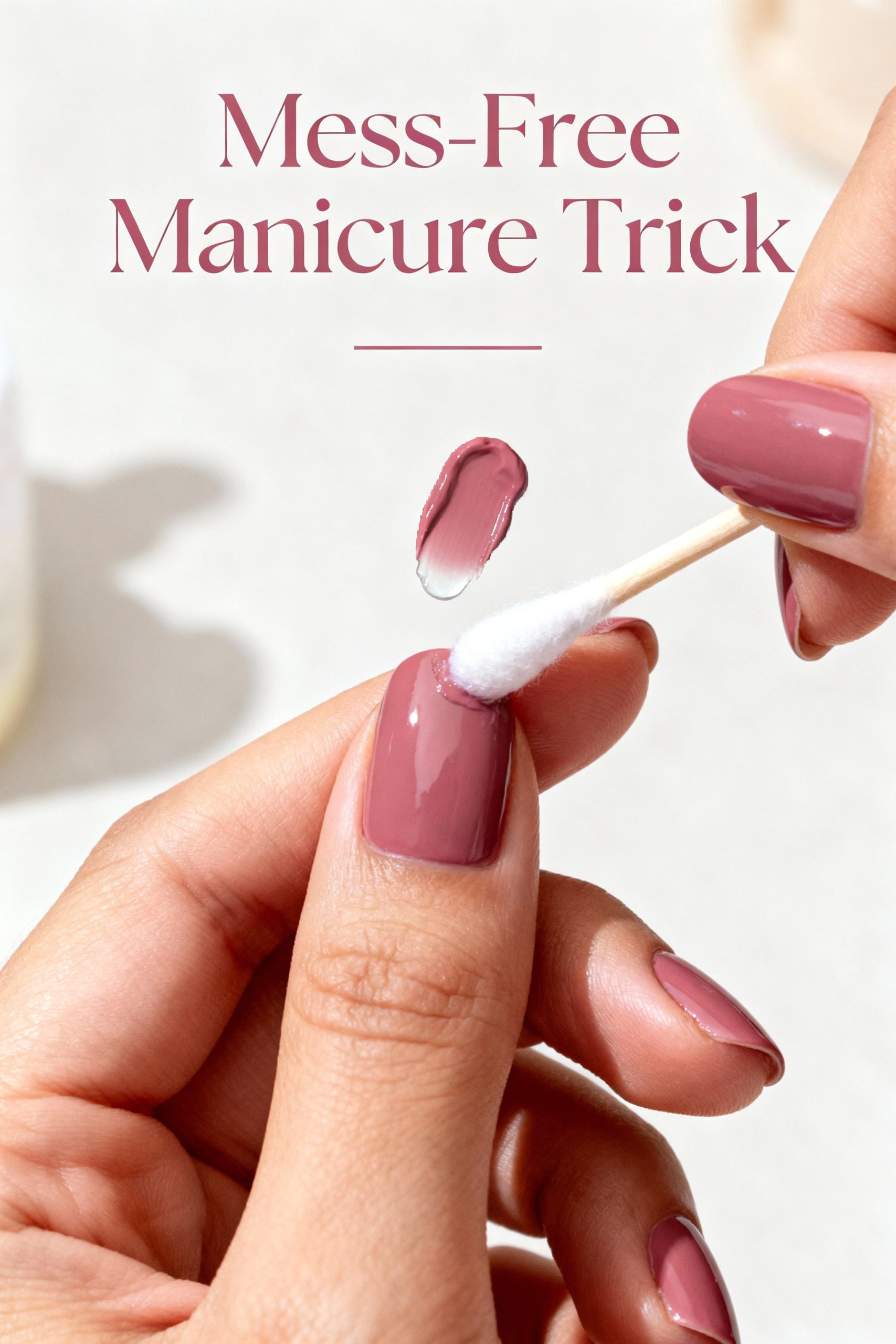 A close-up of a hand with dusty rose colored nails, where a cotton swab is lifting a swatch of nail polish off the nail, demonstrating a mess-free manicure trick.