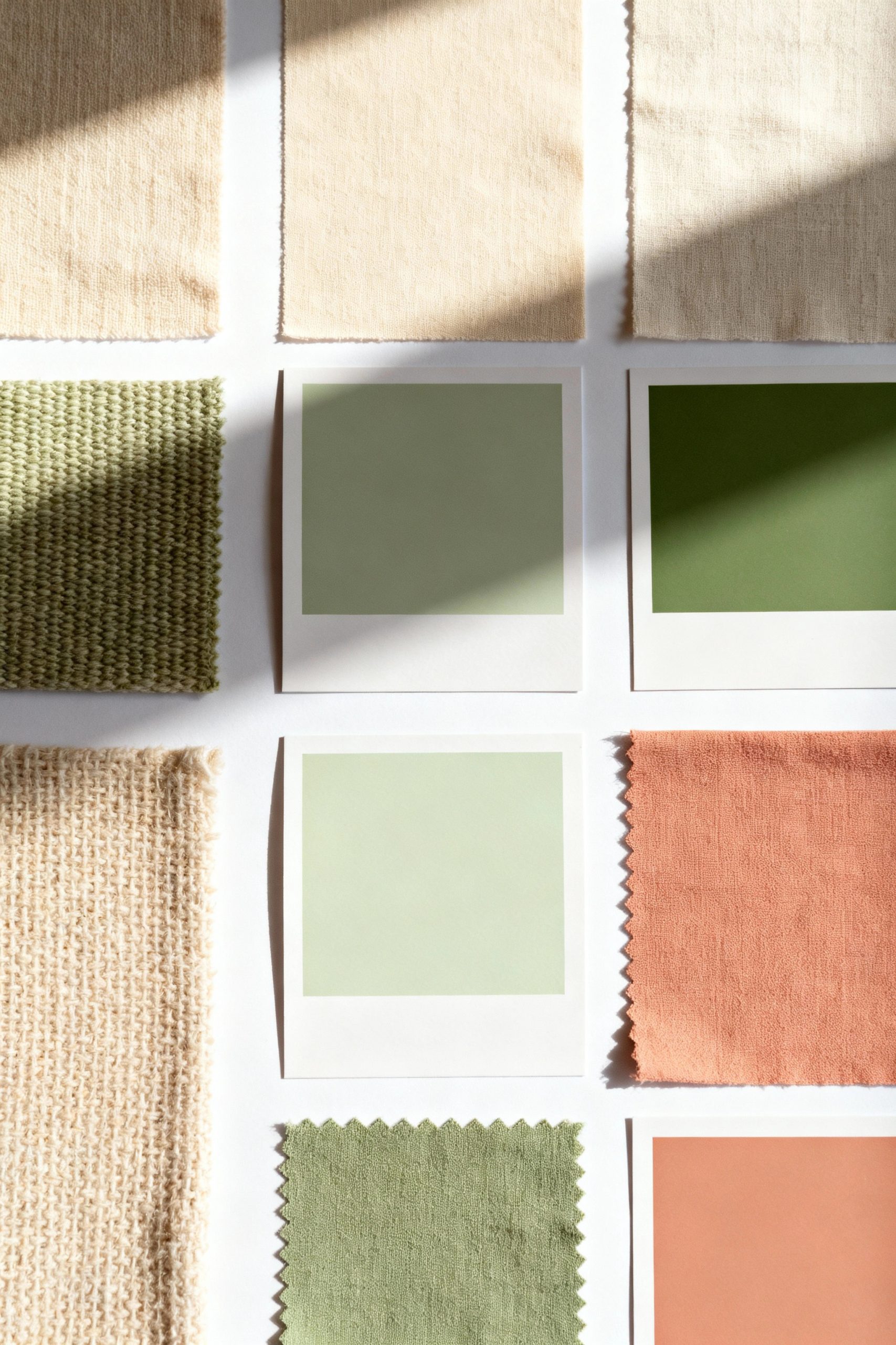 A flat lay of fabric swatches and paint chips in a soothing palette of warm beige, sage green, and soft terracotta, showing color inspiration for a living room.