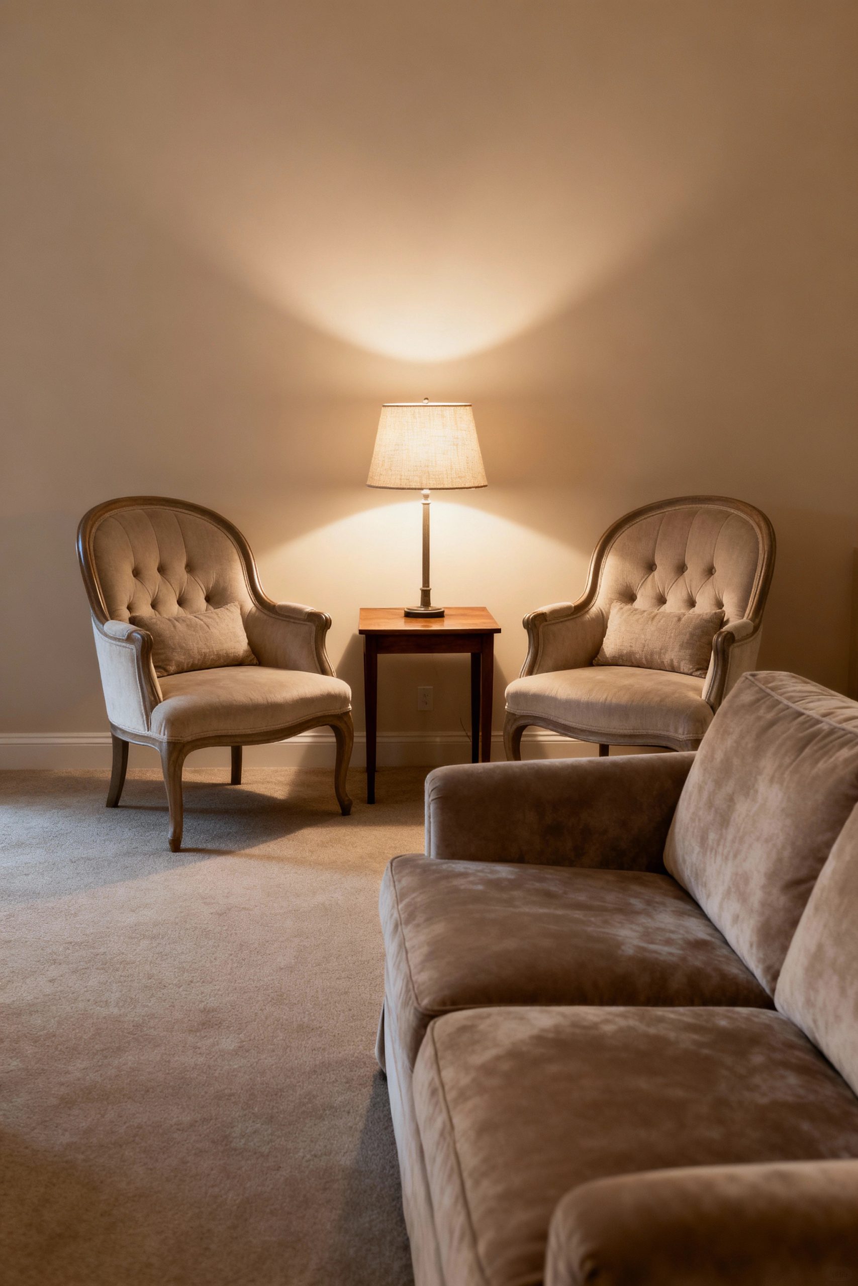 Two elegant, tufted armchairs with a small side table and a warm lamp between them, forming a cozy and distinct seating zone in a living room.