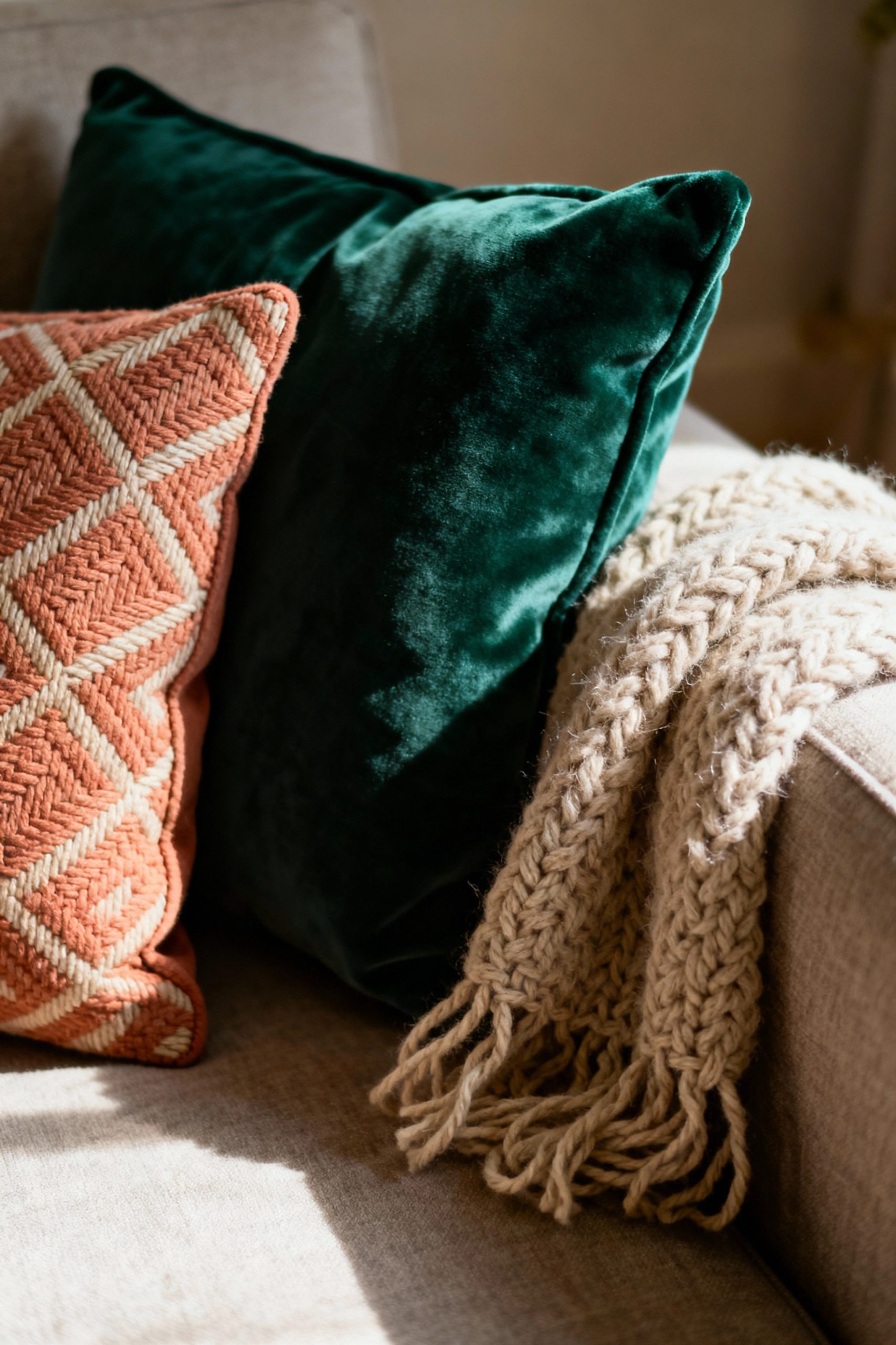 A close-up view of a sofa corner showcasing a mix of textures, including a dark green velvet cushion, a patterned orange cushion, and a chunky knit throw blanket.