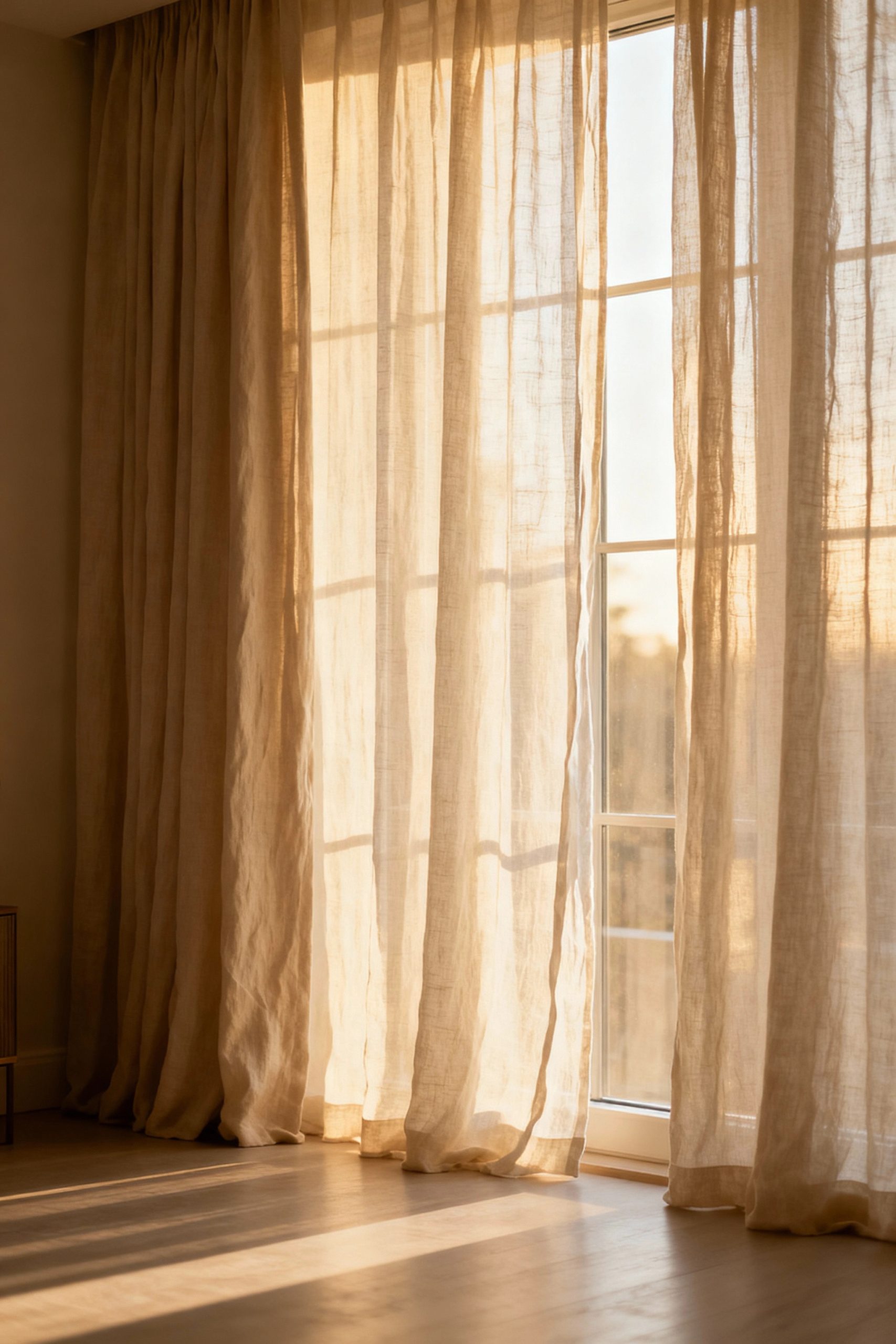Sunlight gently filtering through elegant, floor-to-ceiling sheer linen curtains, casting warm light and soft shadows onto a wooden floor.