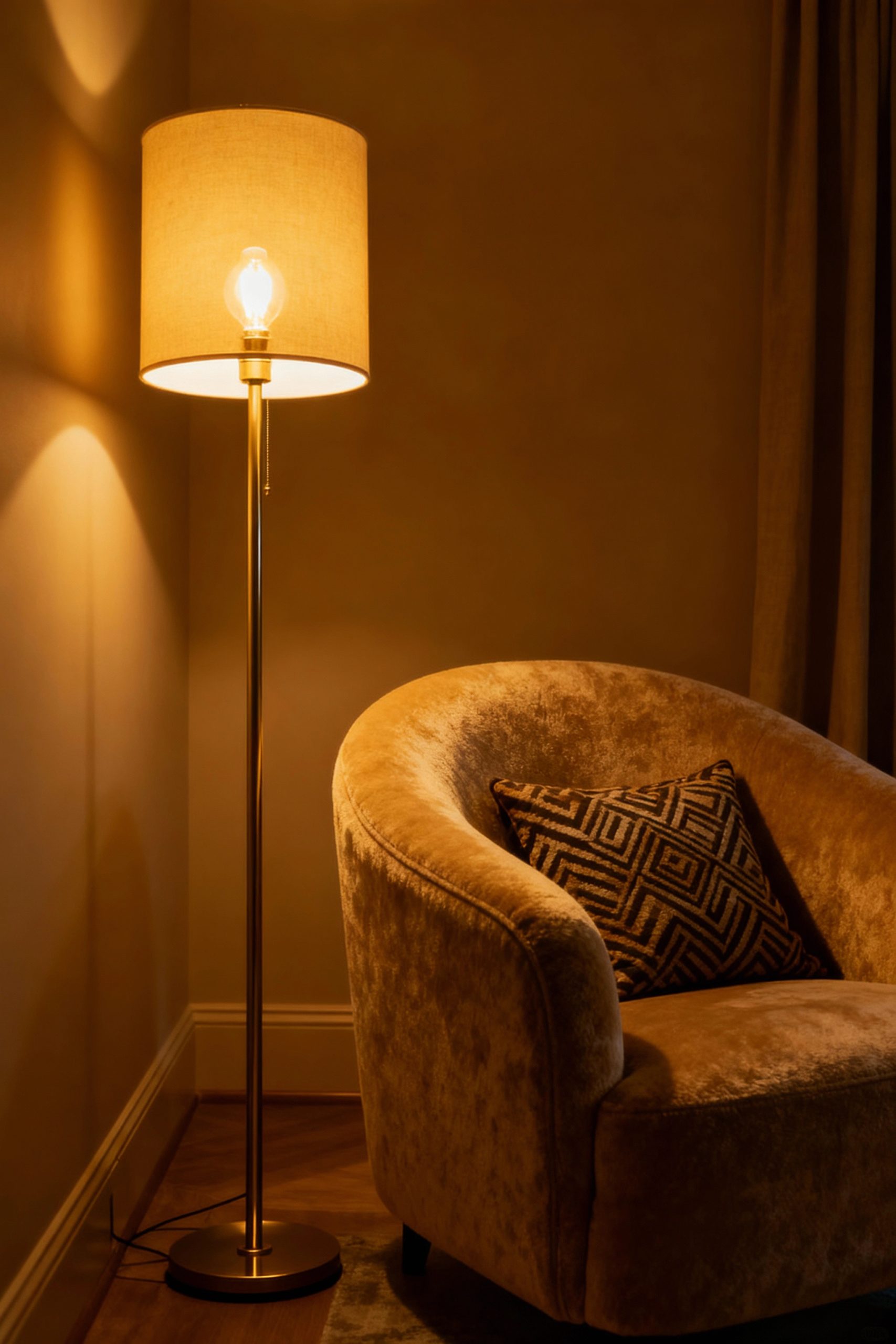 A stylish brass floor lamp with a warm bulb illuminates a comfortable velvet armchair, creating a cozy and inviting reading nook in the evening.