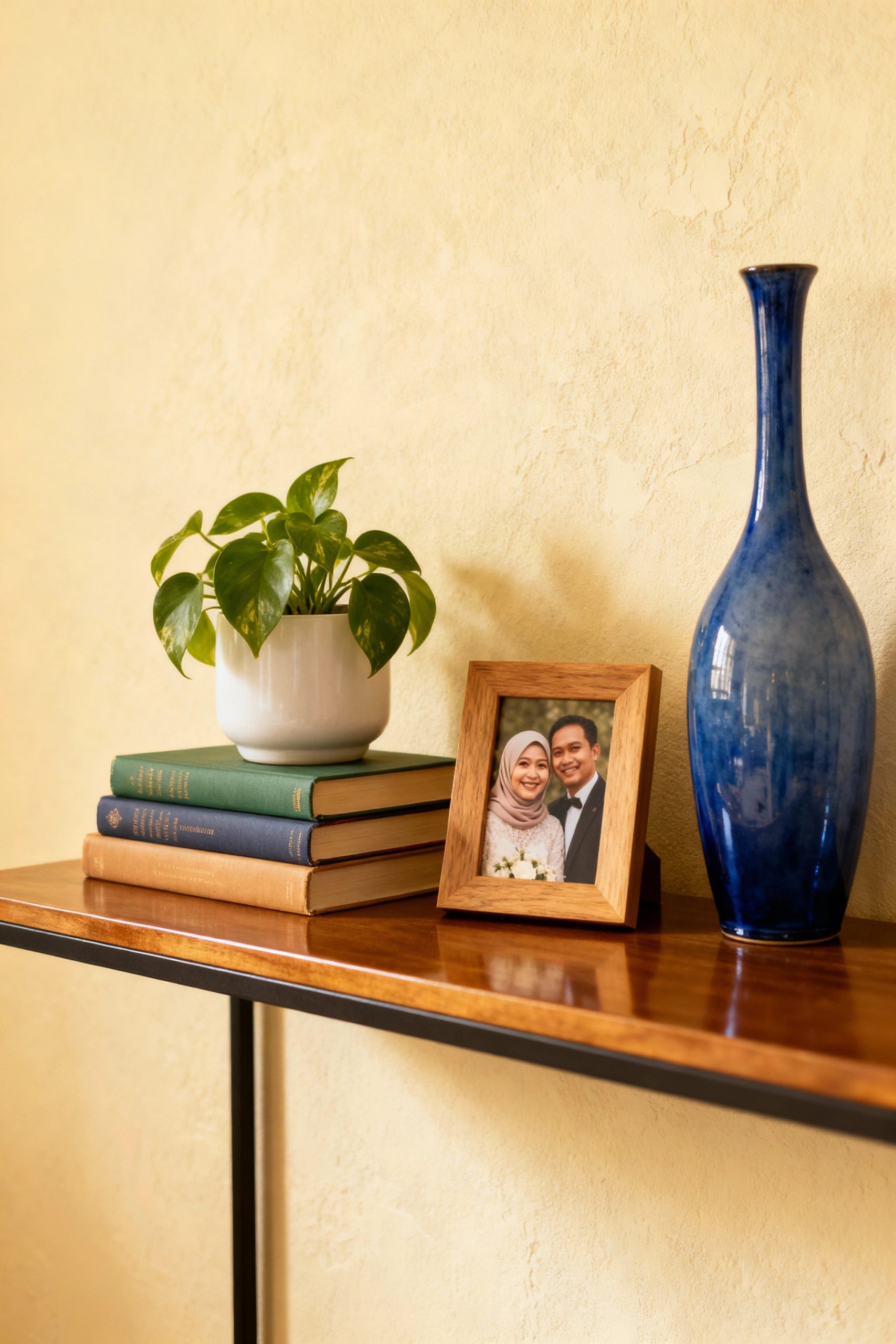 A styled wooden console table displaying personal touches, including a stack of books, a small plant, a blue vase, and a framed photo of a smiling couple.