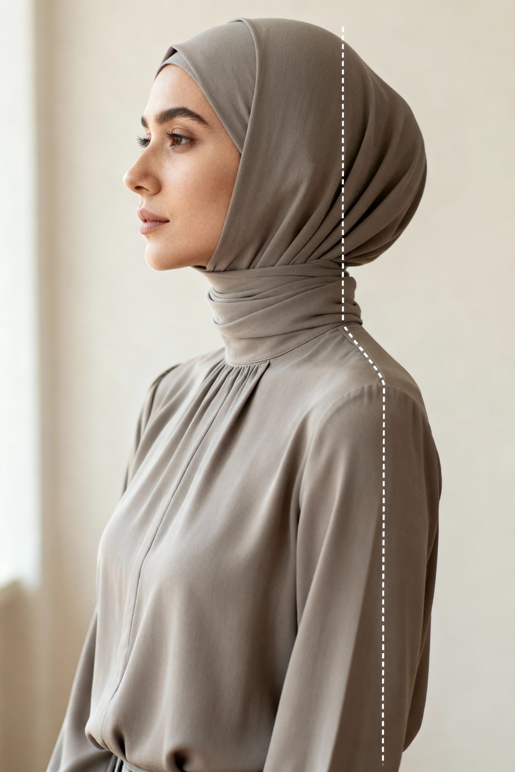 Profile view of a woman in a grey hijab demonstrating proper posture. A white dashed line illustrates the correct vertical alignment from her ear down through her shoulder for a polished silhouette.