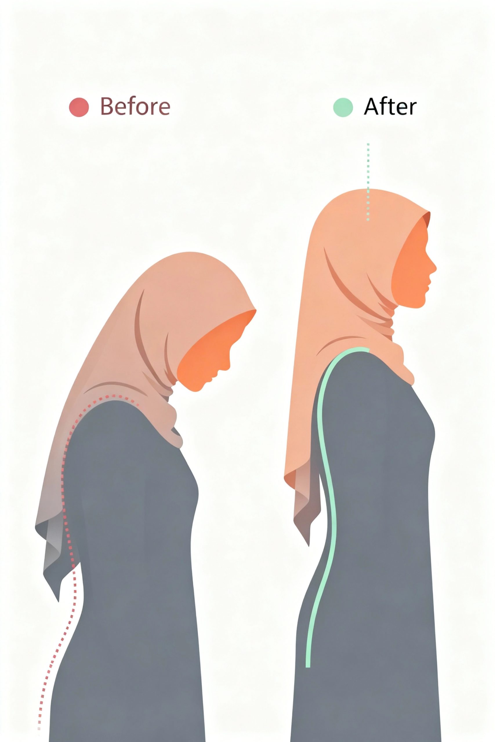 A before and after diagram showing posture correction. On the left, a silhouette of a woman in a hijab with slumped posture. On the right, the same silhouette stands tall with correct posture, illustrating how to look taller and more confident.