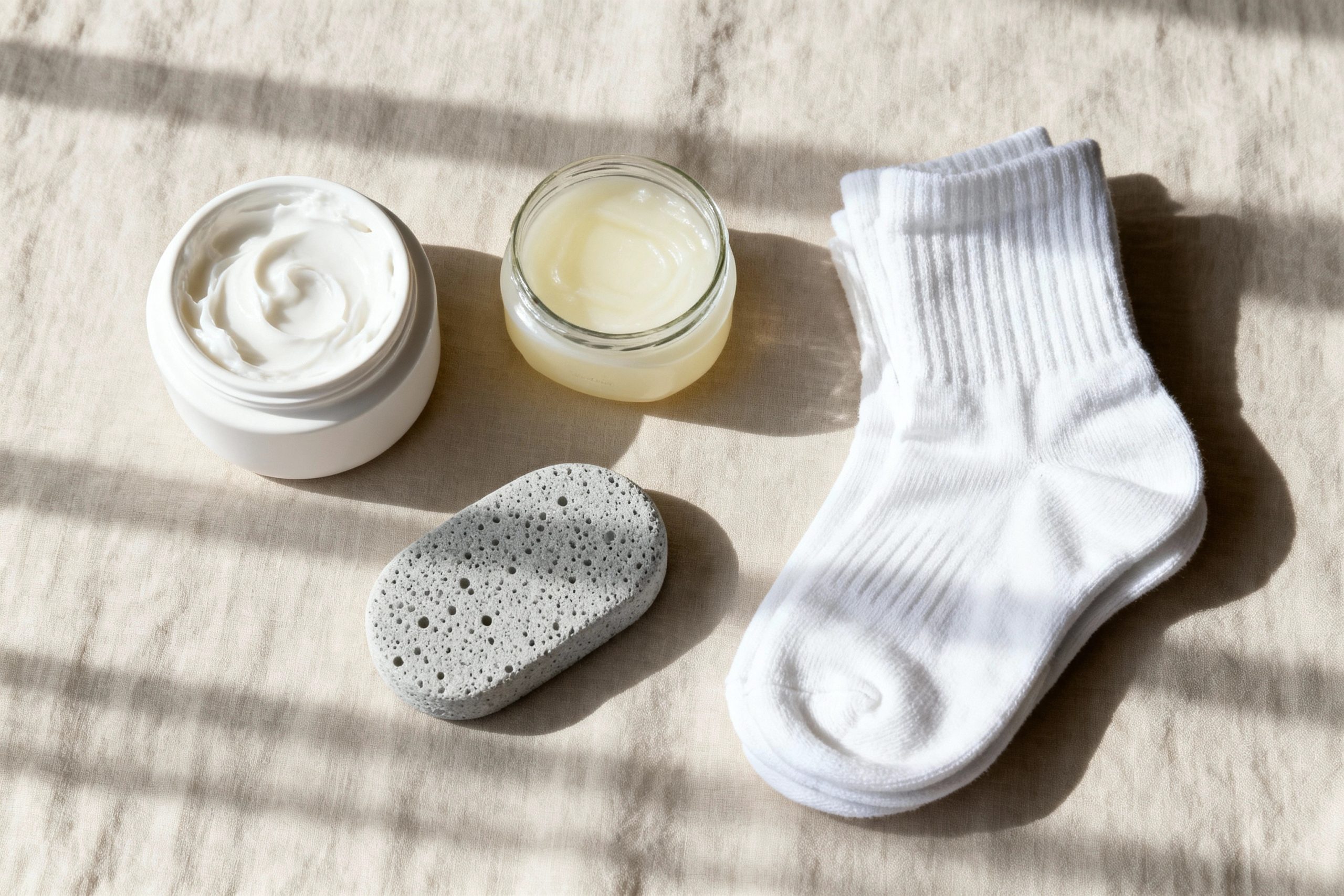 A flat lay of items for an overnight foot slugging treatment: a jar of thick white moisturizer, petroleum jelly, a grey pumice stone, and clean white cotton socks arranged on a neutral linen background with soft natural light.