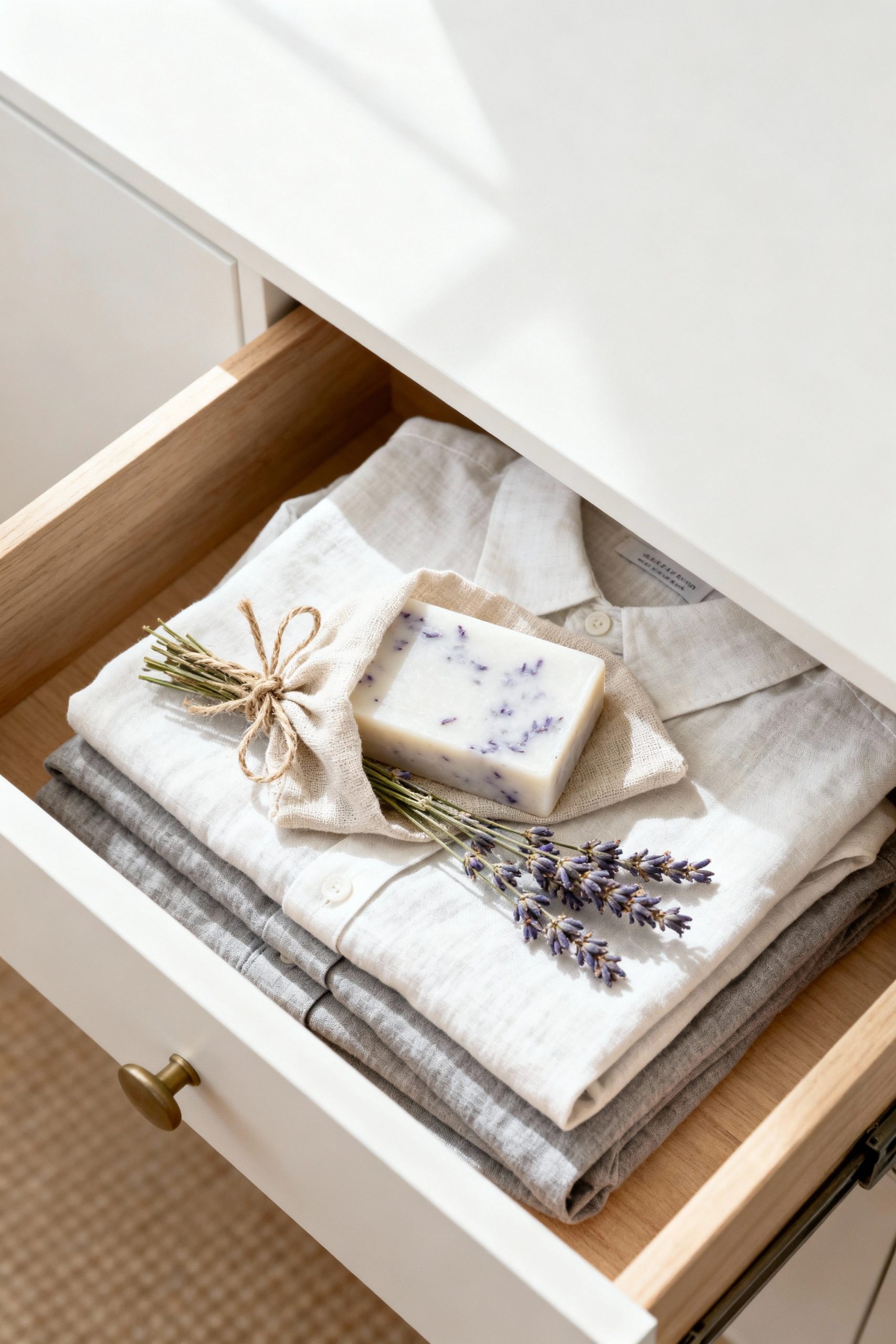 A top-down view of a partially open wooden drawer containing folded linen shirts. An artisanal bar of lavender soap rests inside a small muslin bag on top of the clothes, accompanied by fresh lavender sprigs.