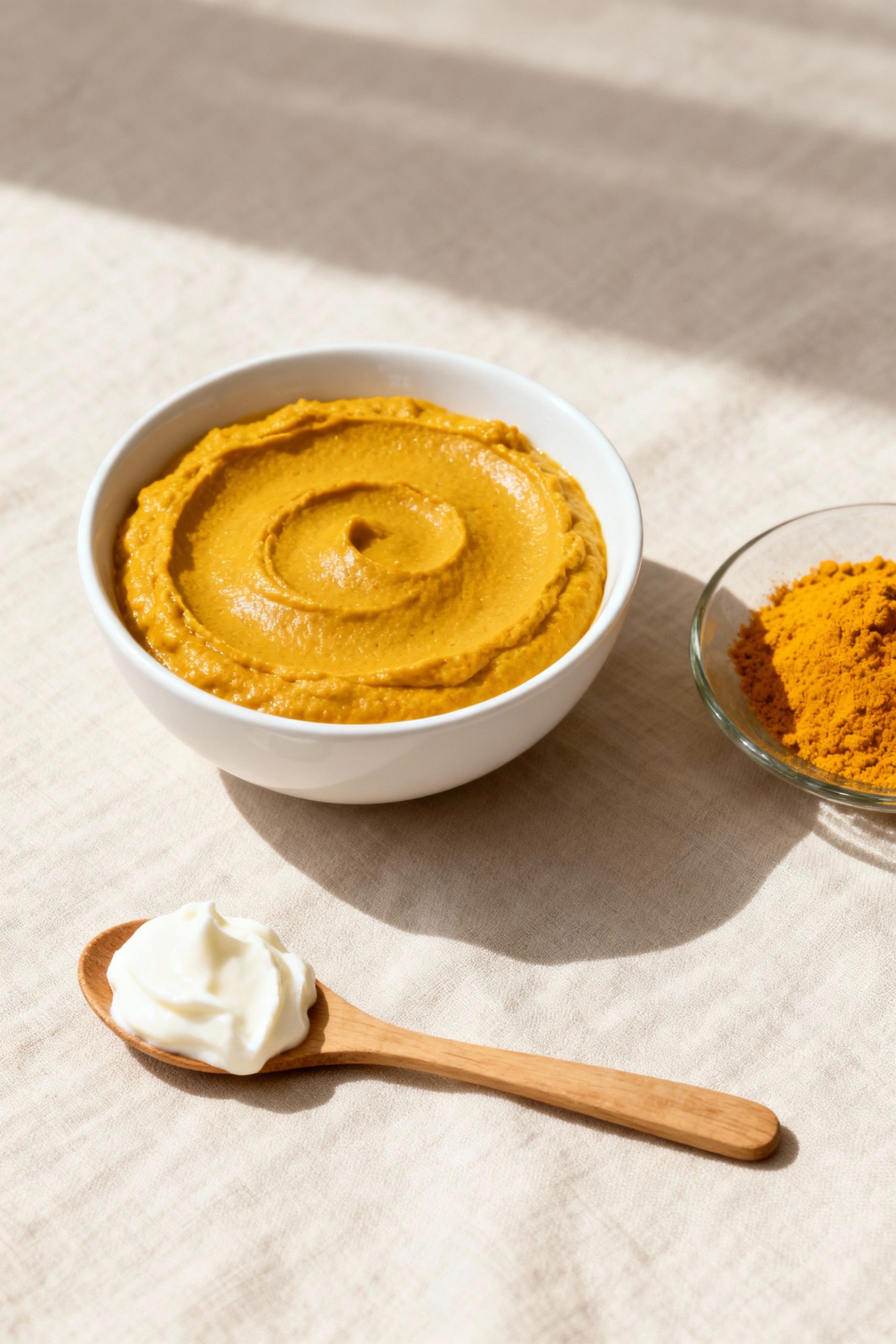 A flat lay image showing a white bowl of homemade golden turmeric paste for skin, with a wooden spoon of yogurt and a dish of turmeric powder on a beige linen background.