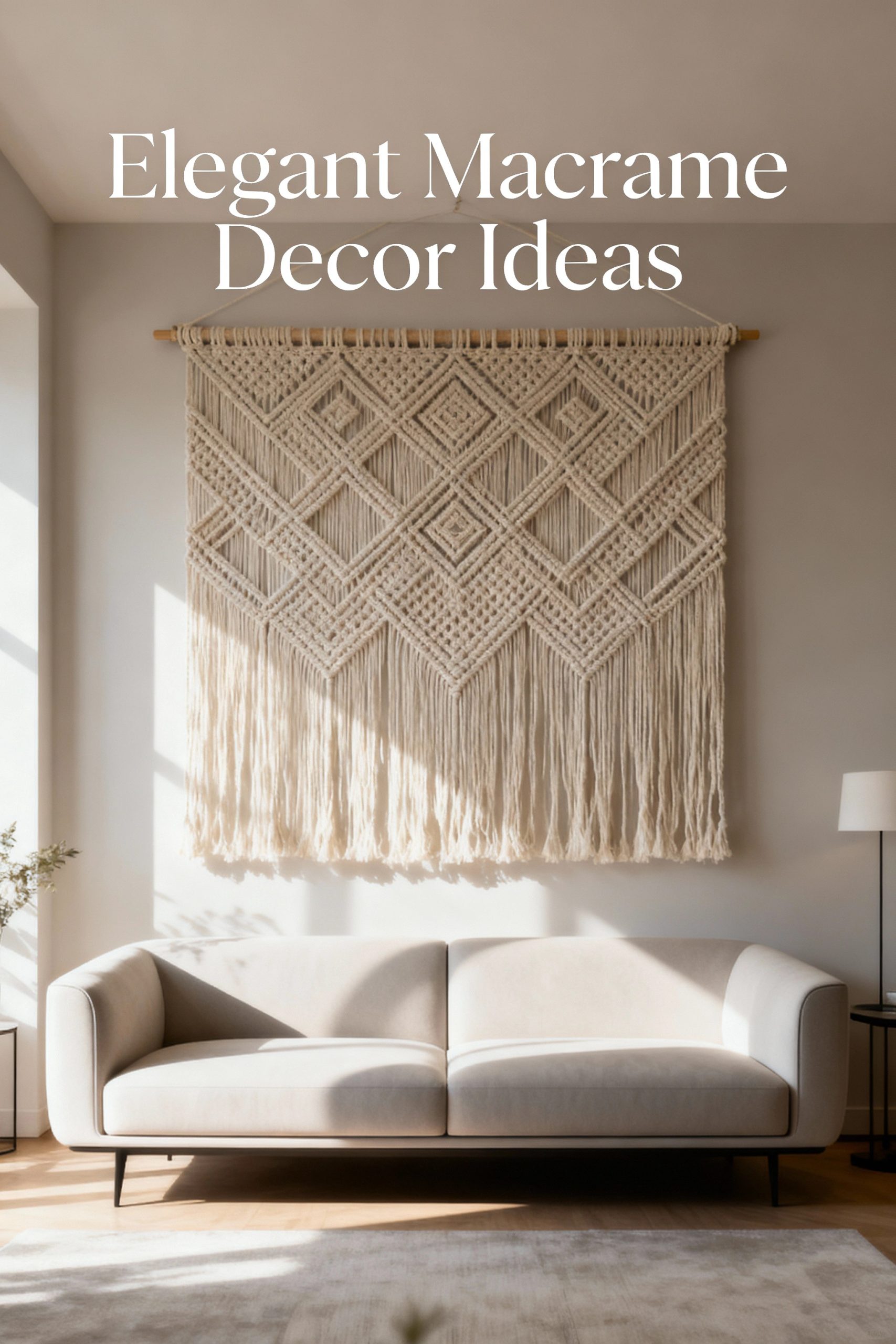 A large, statement macrame wall hanging with a geometric pattern above a beige sofa, with the text "Elegant Macrame Decor Ideas".