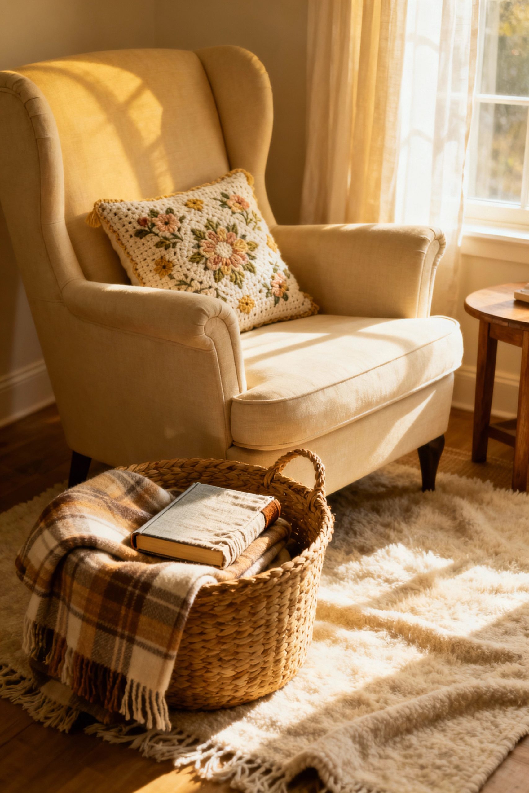 A cozy reading nook featuring a comfortable armchair with a handcrafted cushion, next to a woven basket holding a blanket and a book.