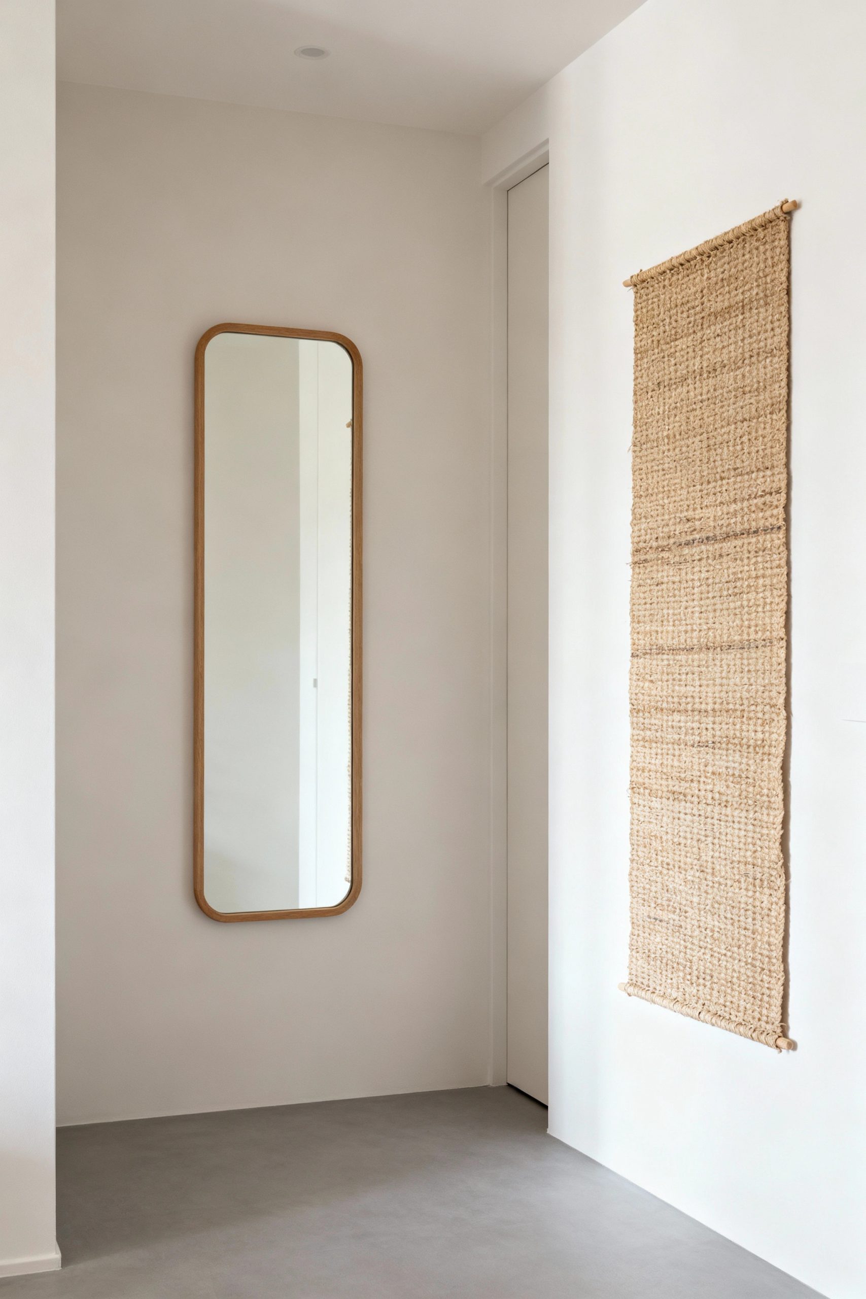 A narrow, vertical wall hanging woven from natural jute is displayed on a white wall next to a simple mirror with a rounded wooden frame in a minimalist hallway.