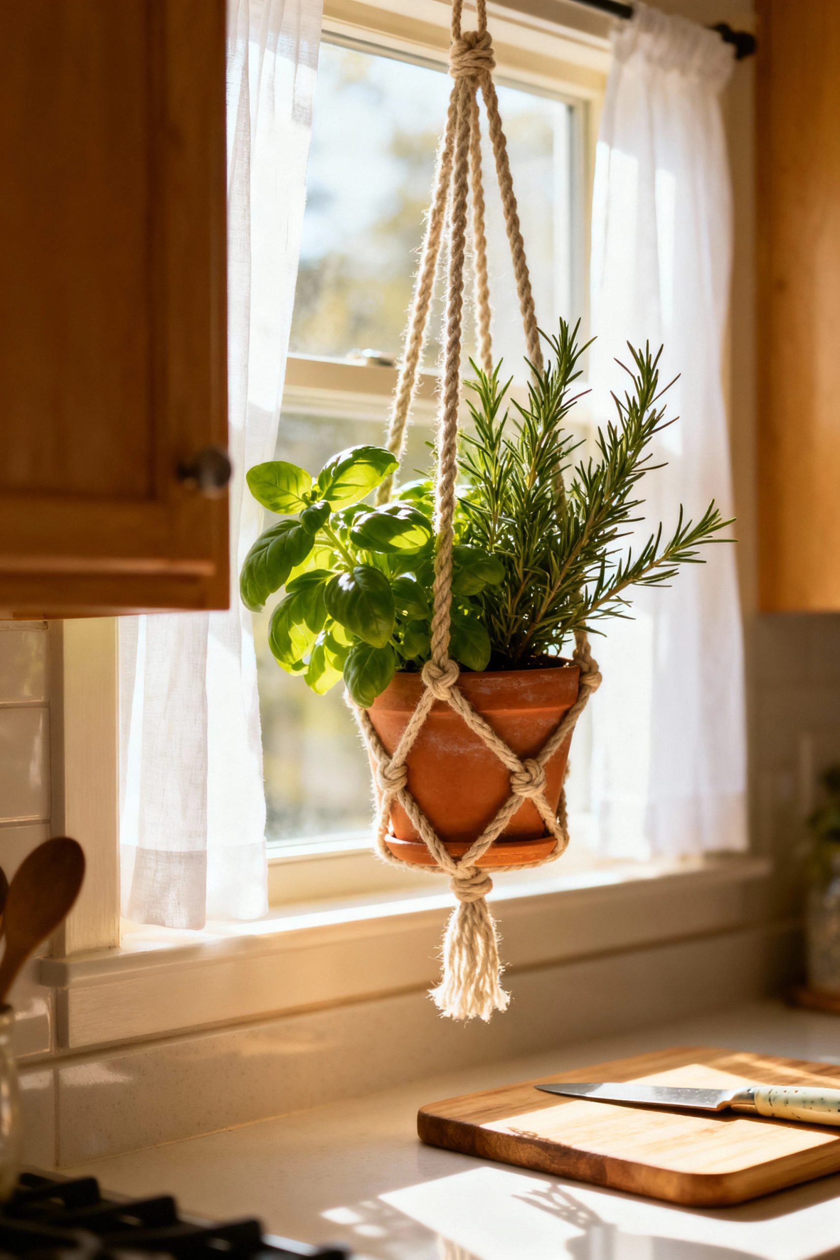 A practical and beautiful hanging herb garden featuring basil and rosemary in a pot held by a macrame hanger in a sunlit kitchen window.