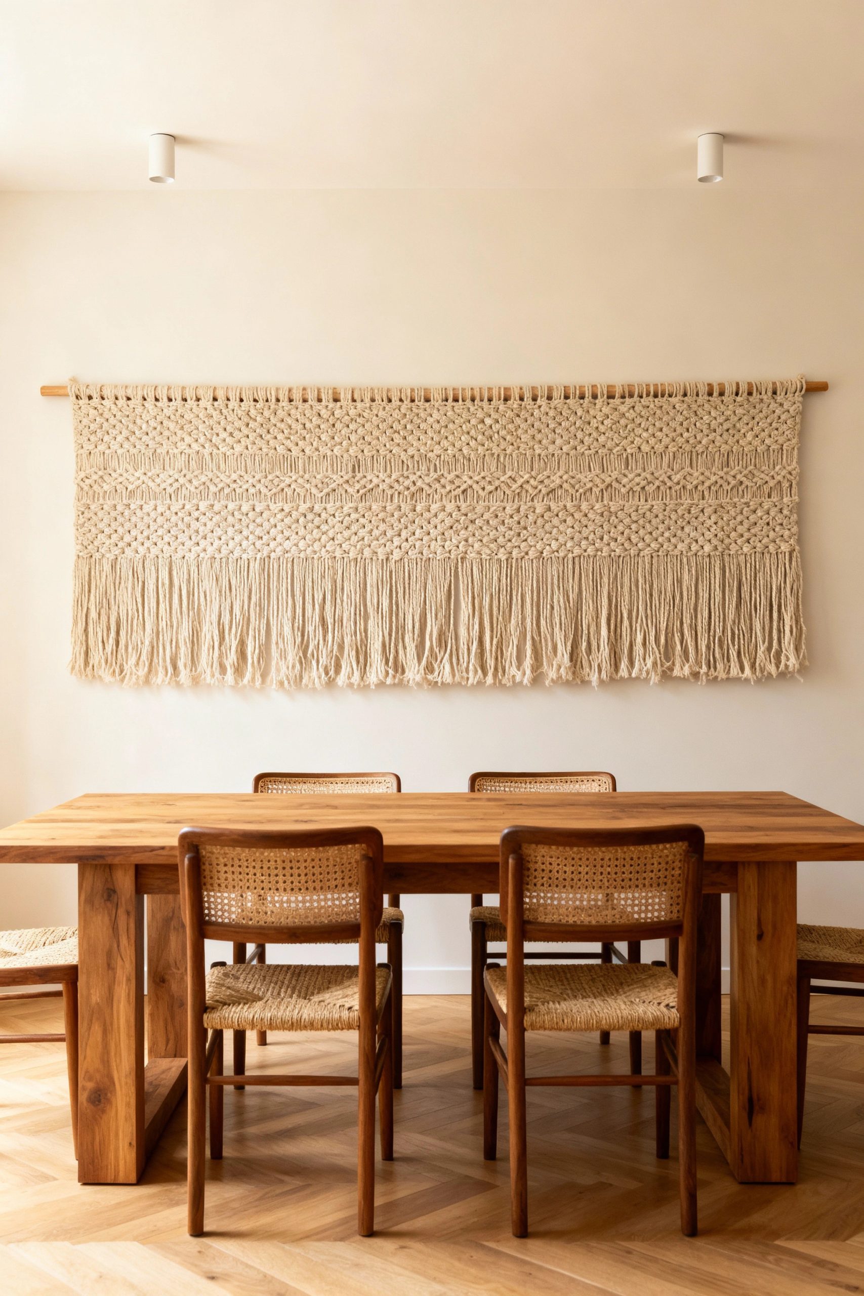A long, horizontal macrame wall hanging adds texture and warmth to a dining area, perfectly anchoring the space behind a wooden table and cane chairs.