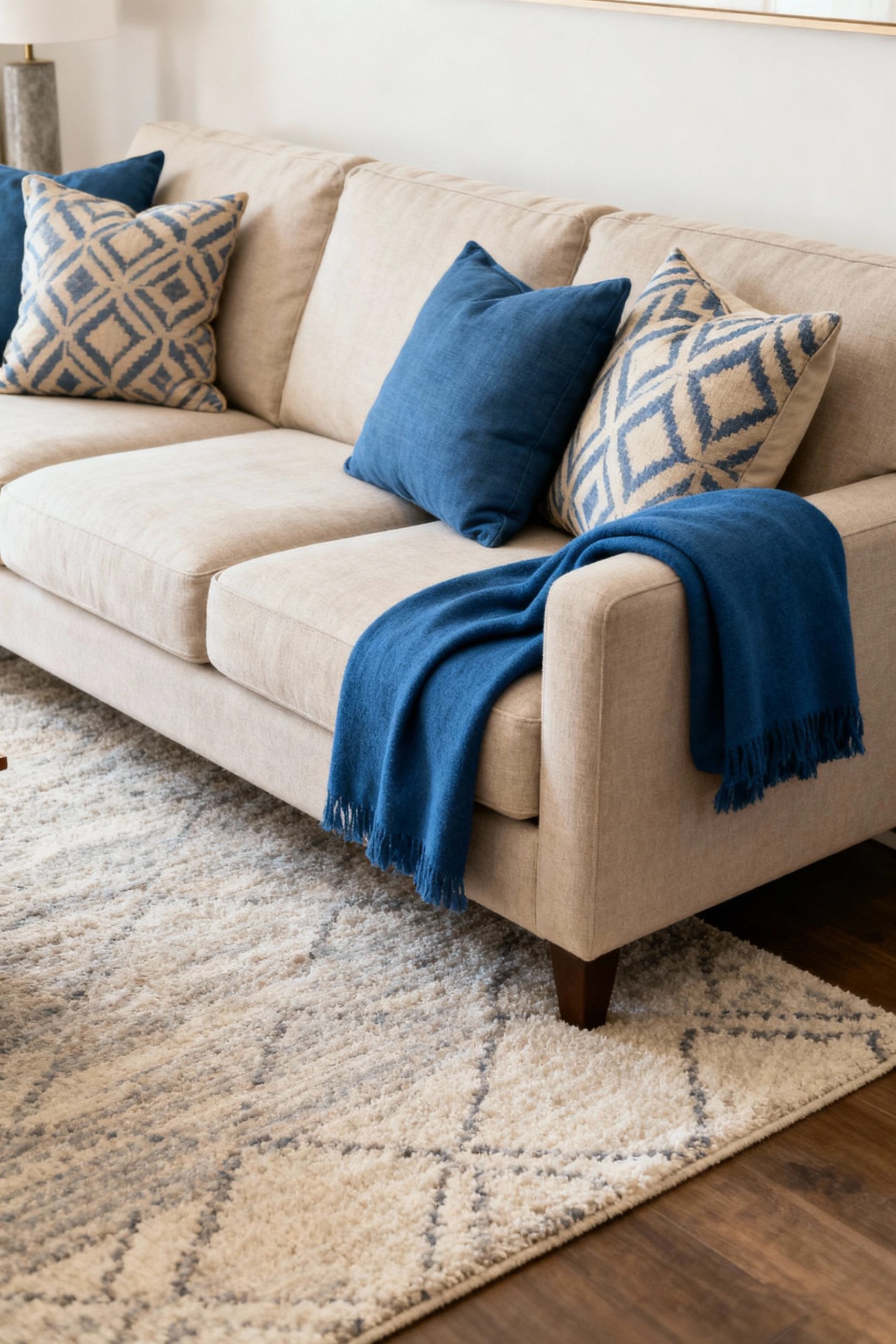 A cohesive living room design featuring a beige sofa with blue pillows and a throw, paired with a matching blue and beige area rug.