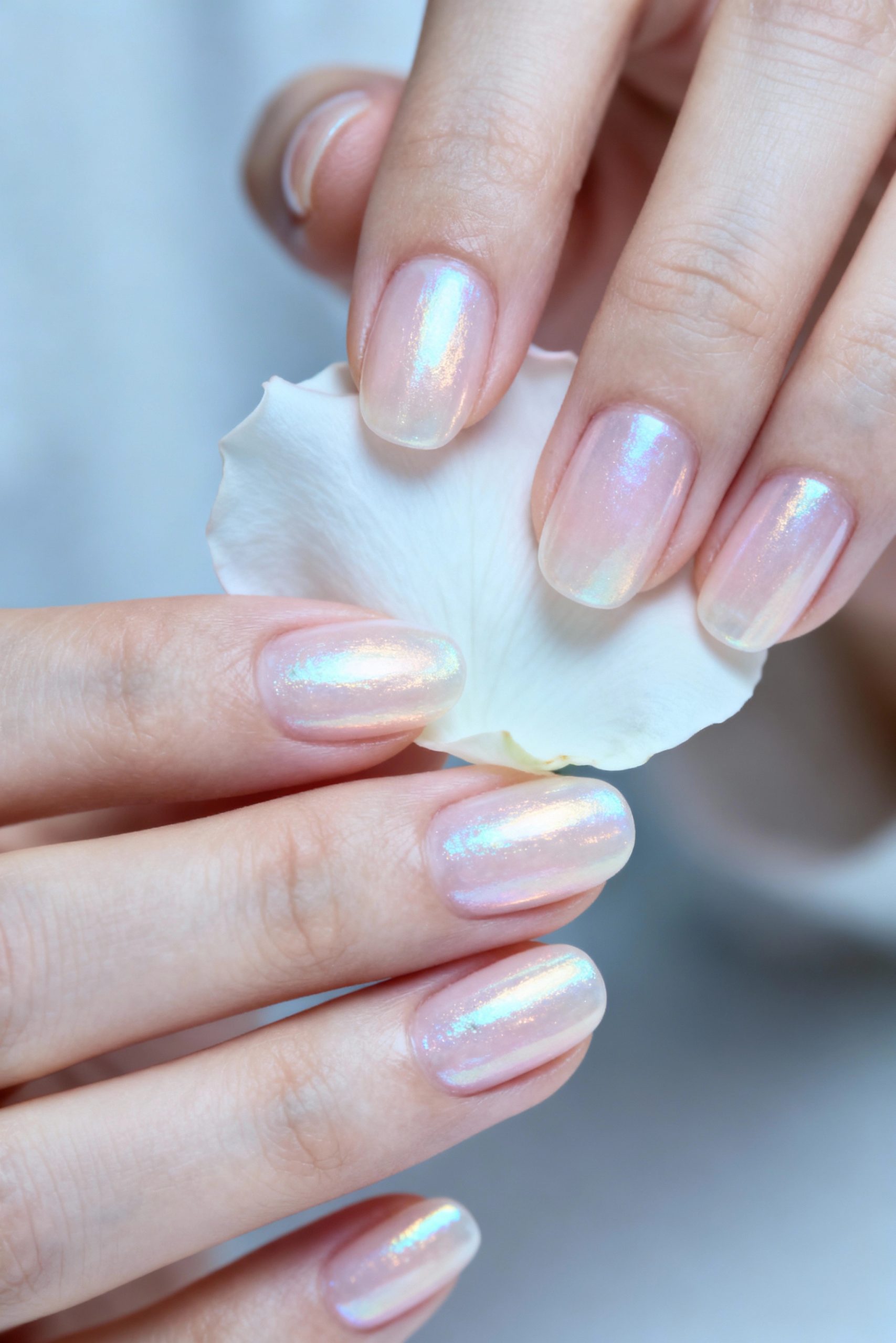 A woman's hands with a pearlescent glazed manicure, a subtle iridescent sheen over a milky pink base, holding a delicate white flower petal.