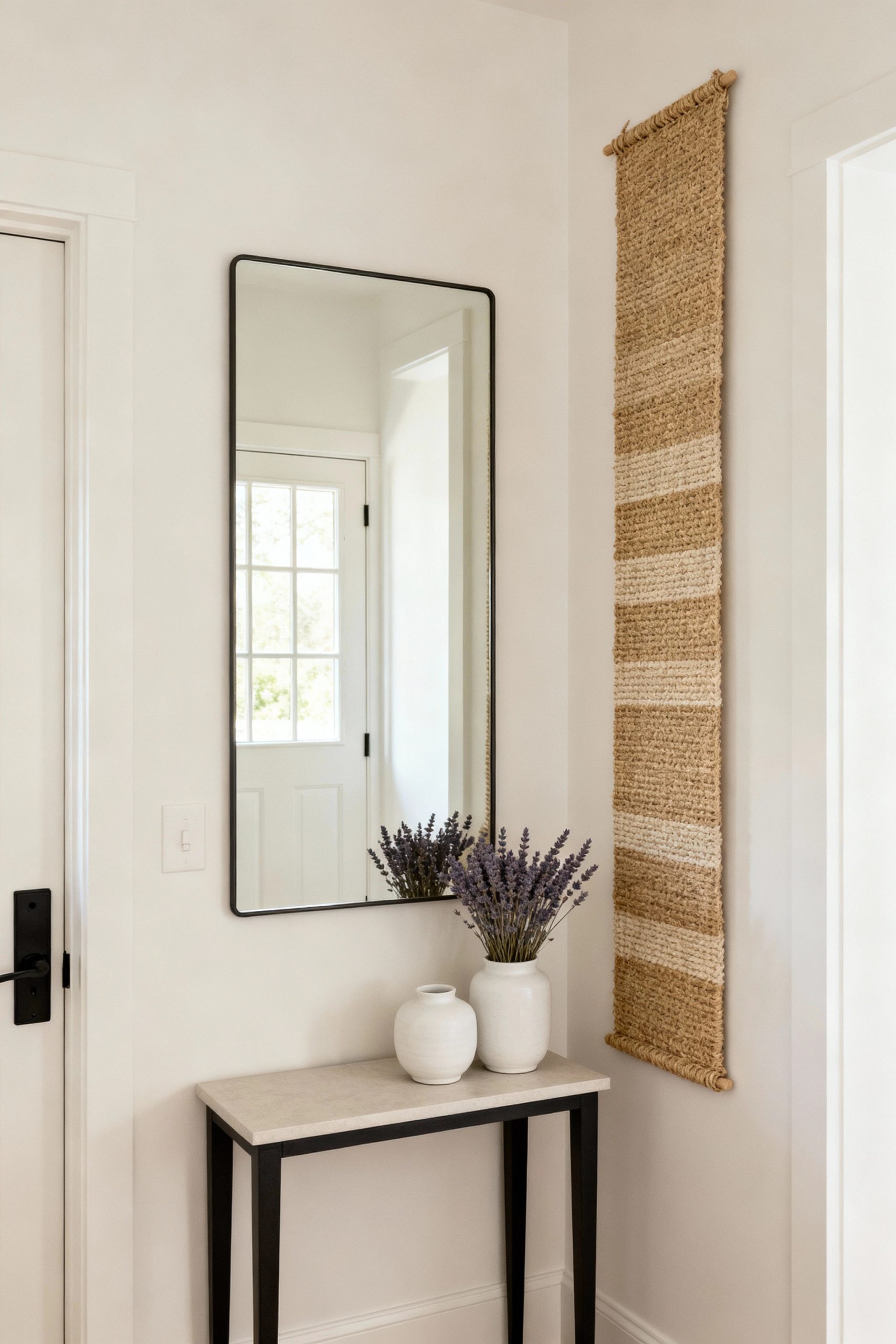 A stylish entryway featuring a narrow, striped woven wall hanging next to a black-framed vertical mirror which sits above a small console table with vases of lavender.
