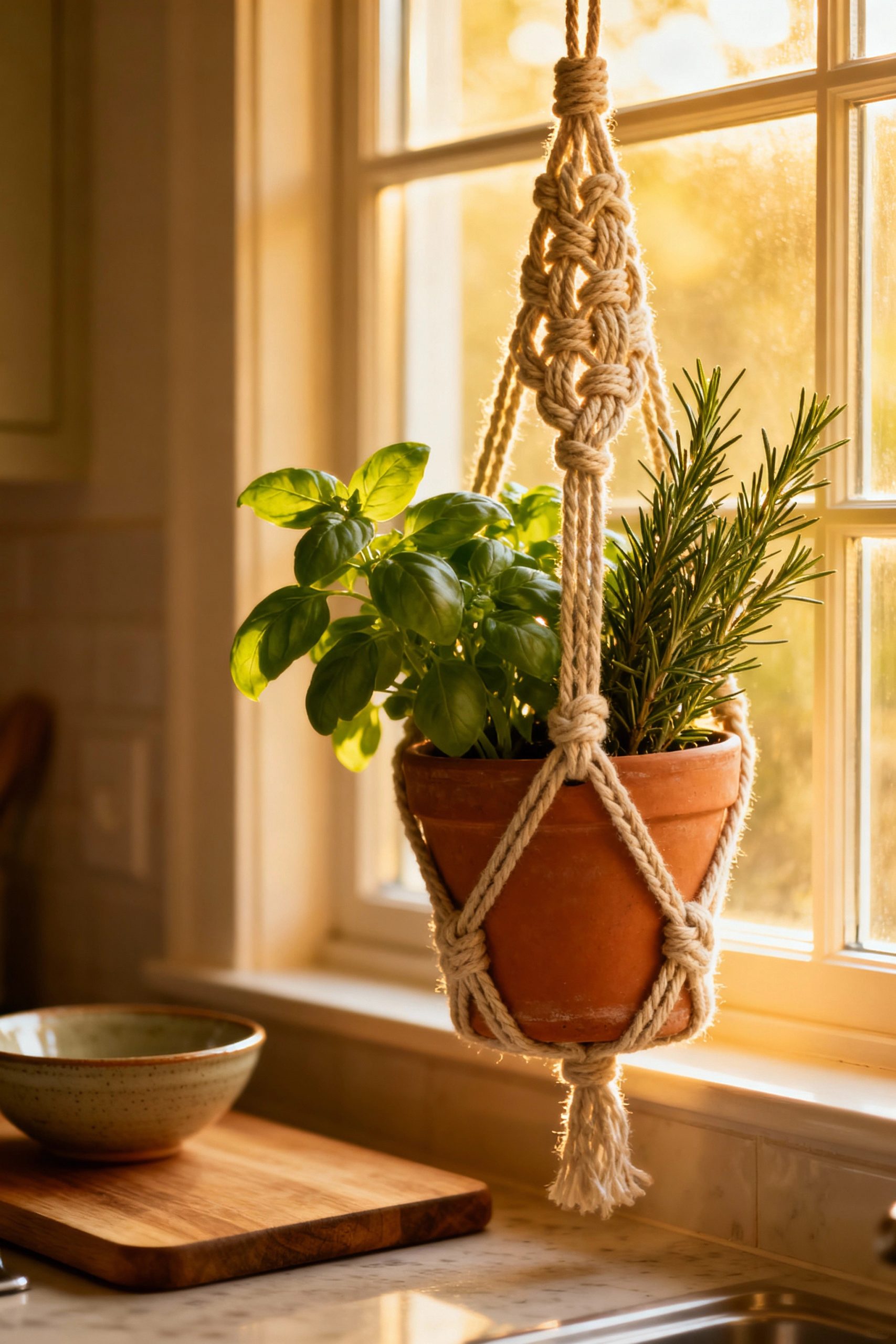 A terracotta pot with fresh herbs is suspended in an intricate macrame hanger, bathed in the warm glow of golden hour sunlight by a kitchen window.
