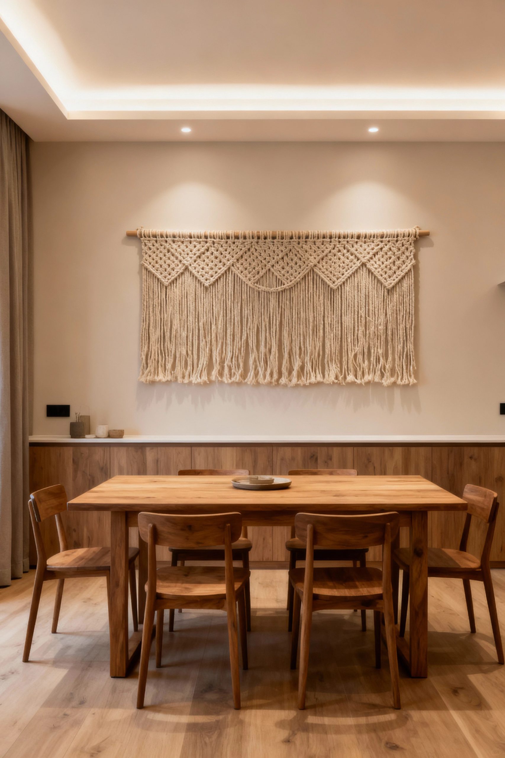 A stylish dining room is anchored by a geometric macrame wall hanging on the wall behind the wooden dining table and chairs, lit by modern ceiling lights.