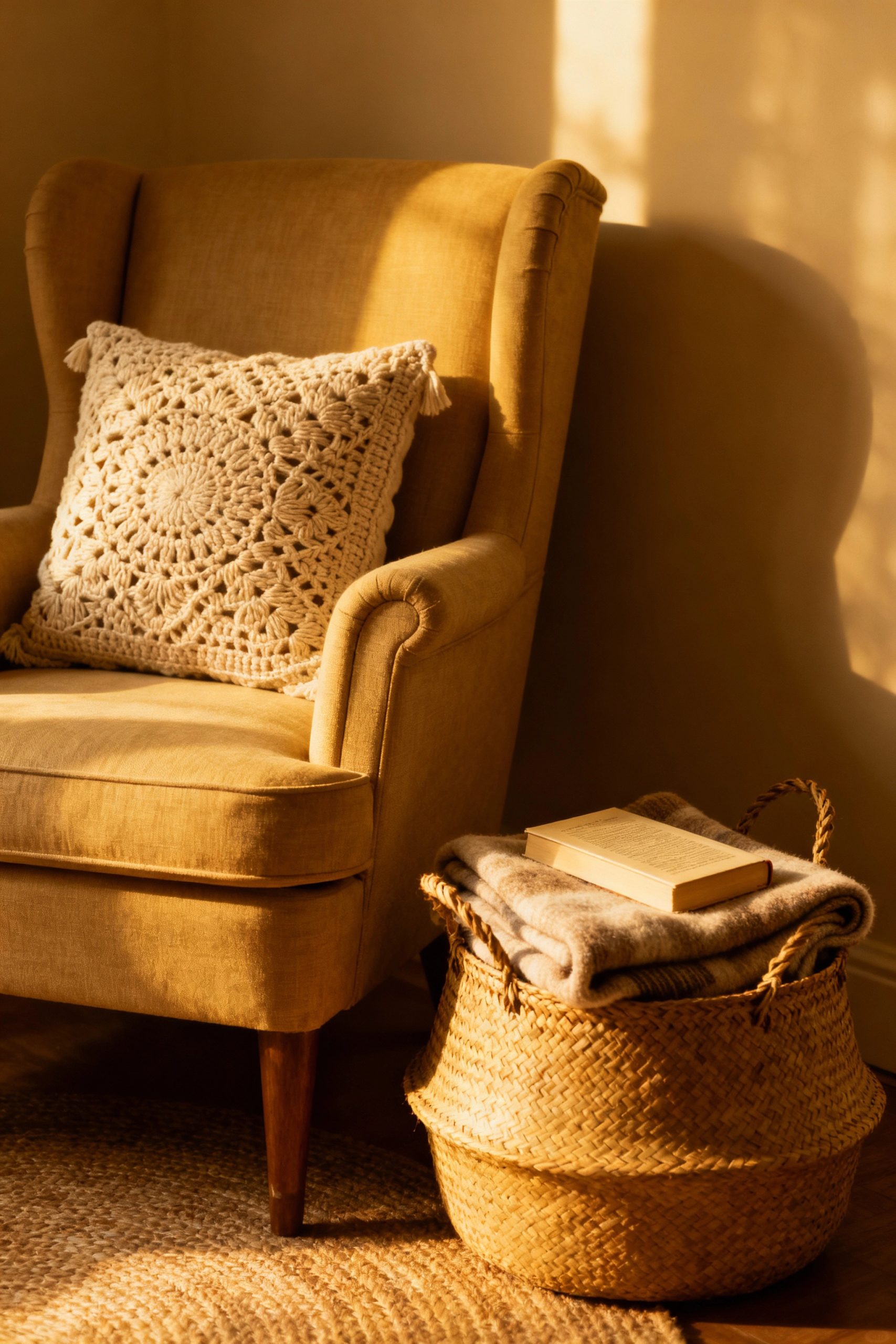 A warm and inviting reading nook with a comfortable armchair and a crocheted pillow, bathed in the golden light of sunset.