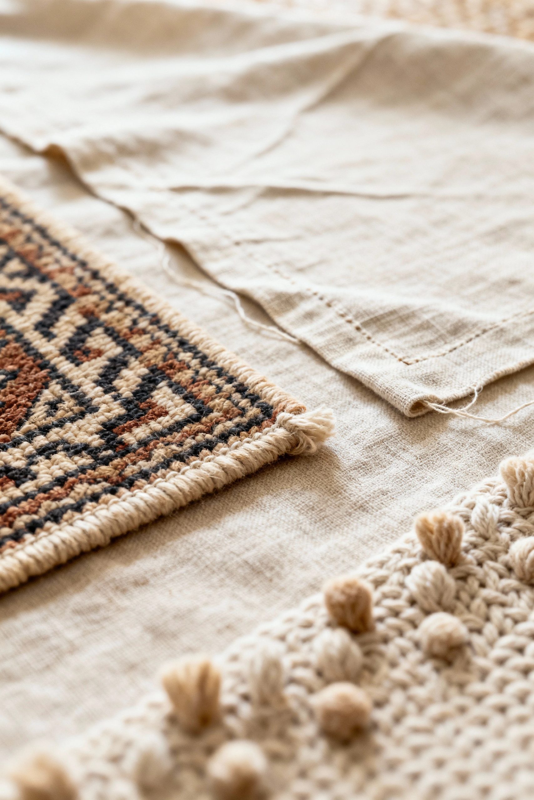 A close-up, detailed shot showcasing the rich textures of several overlapping handcrafted textiles, including a woven rug and knitted fabric.