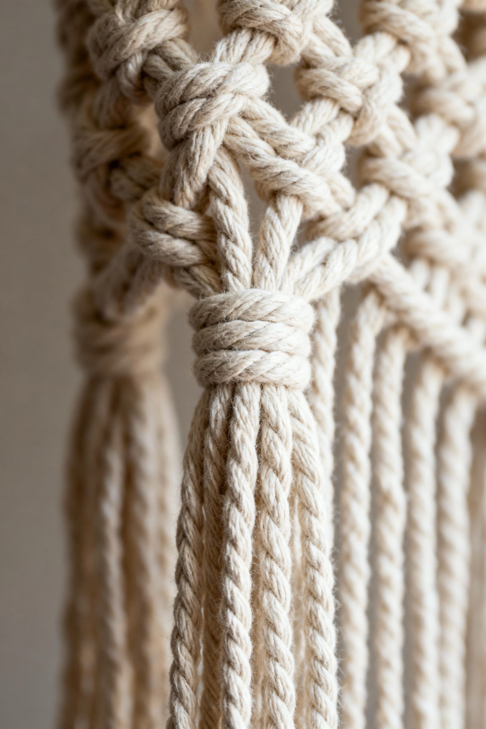 A detailed close-up shot focusing on the intricate knots and the beautiful texture of a natural cotton macrame piece.
