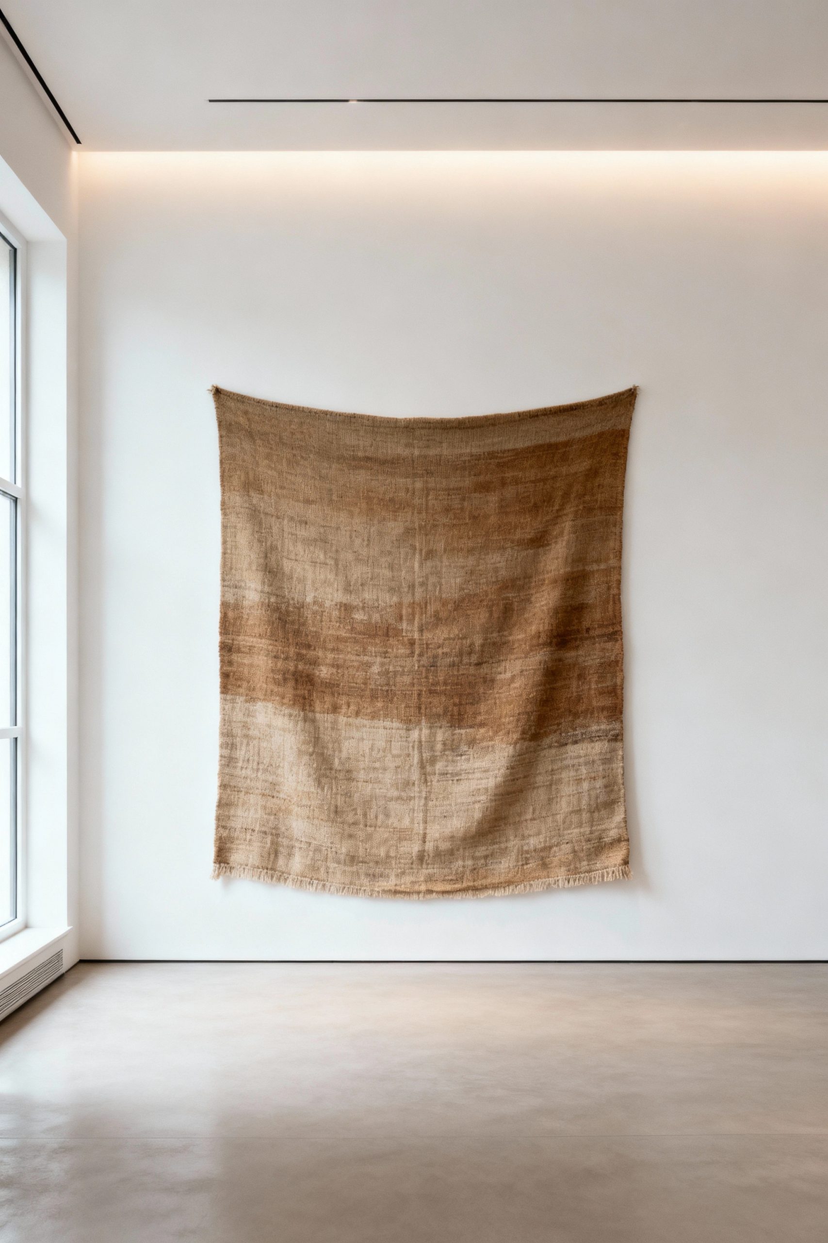 A large, earth-toned woven tapestry hangs as a single focal point on a large white wall in a minimalist, gallery-like space with a concrete floor.