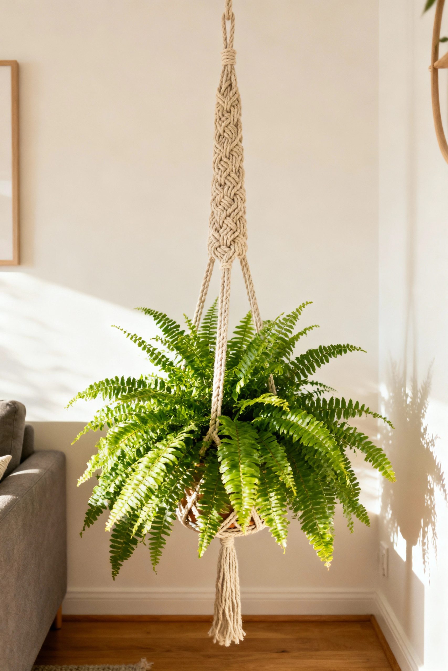 A vibrant, lush Boston fern plant in a detailed macrame hanger, freeing up floor space in a bright and airy living room corner.