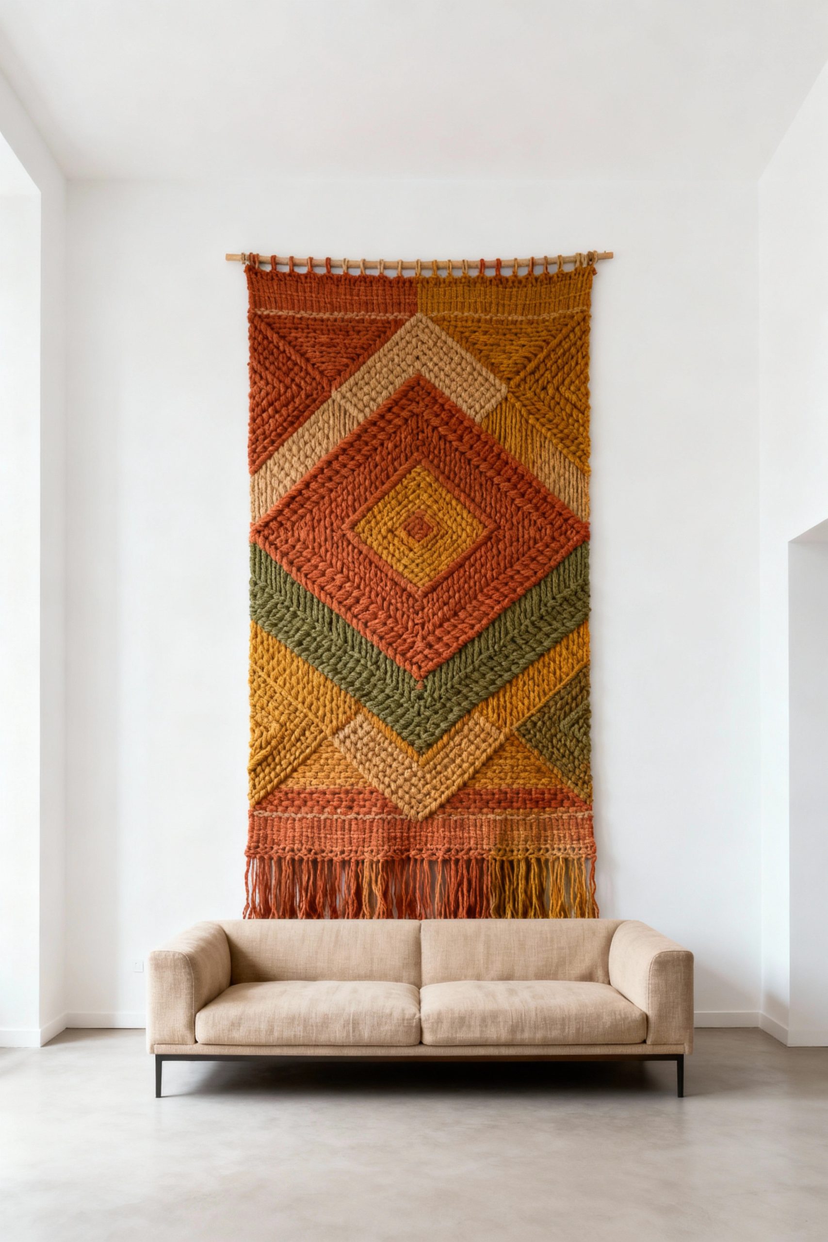 A large, colorful woven tapestry with geometric diamond patterns in earthy tones, hanging as a statement piece of wall art above a neutral beige sofa in a minimalist room.