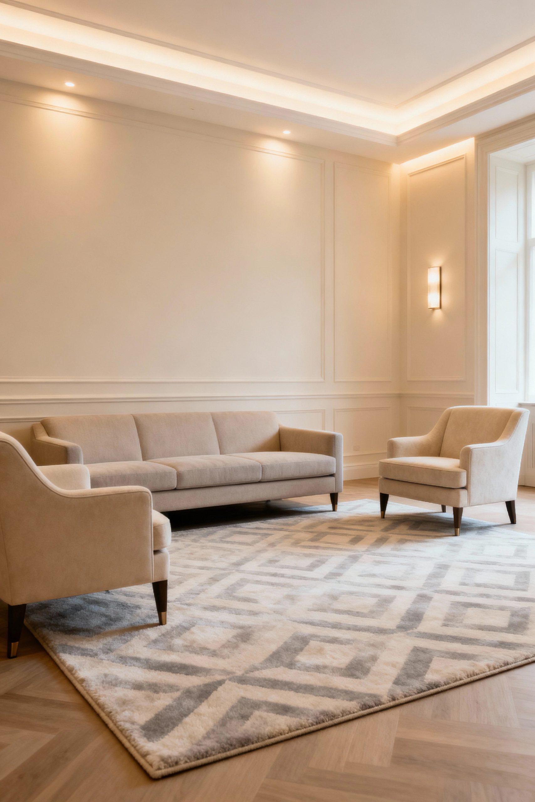 A spacious living room demonstrating correct rug placement, with a large neutral area rug anchoring the sofa and armchairs perfectly.