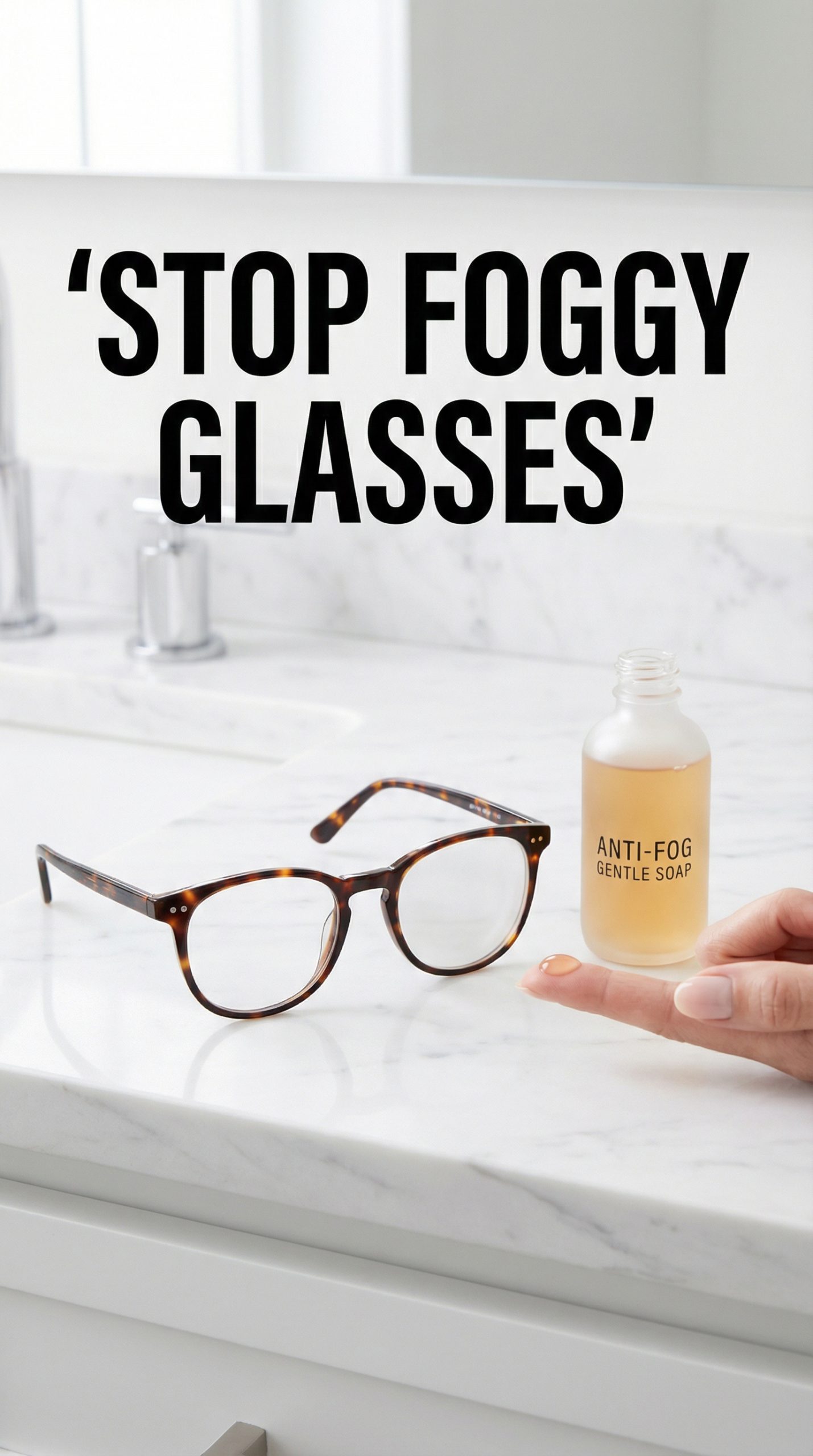 A pair of glasses on a bathroom counter with a drop of liquid soap, demonstrating the anti-fog hack.