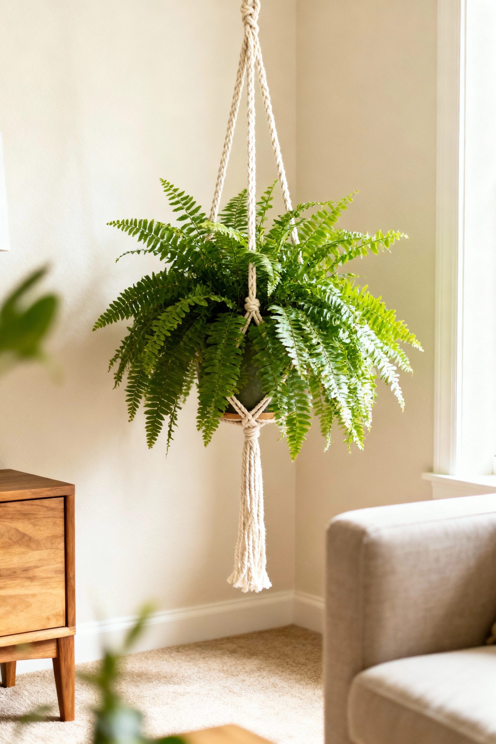 A living room featuring a lush fern in a simple macrame hanger, demonstrating how hanging plants can add dimension and greenery at eye level.