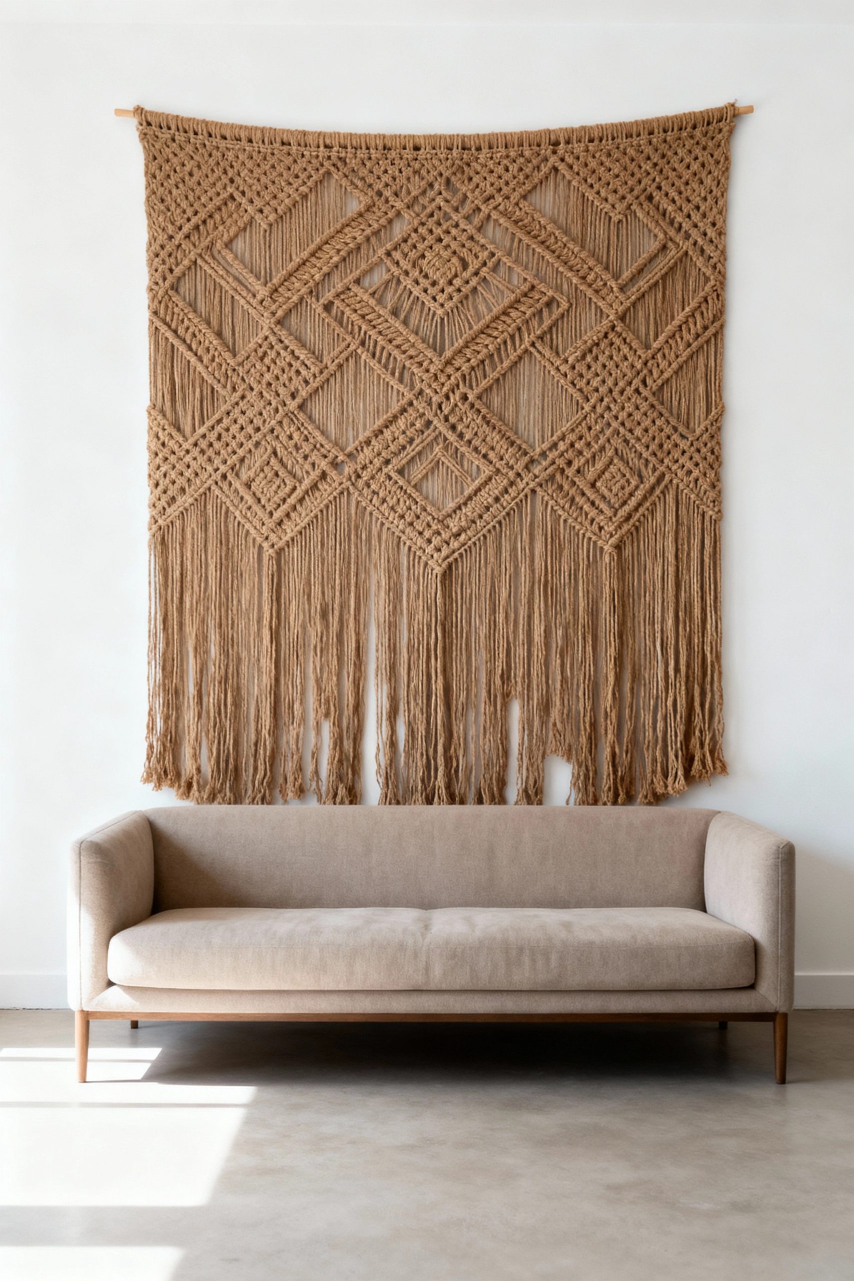 A wide, oversized macrame wall hanging made from brown jute, featuring intricate geometric knot patterns, hung as a textural focal point behind a modern beige sofa.