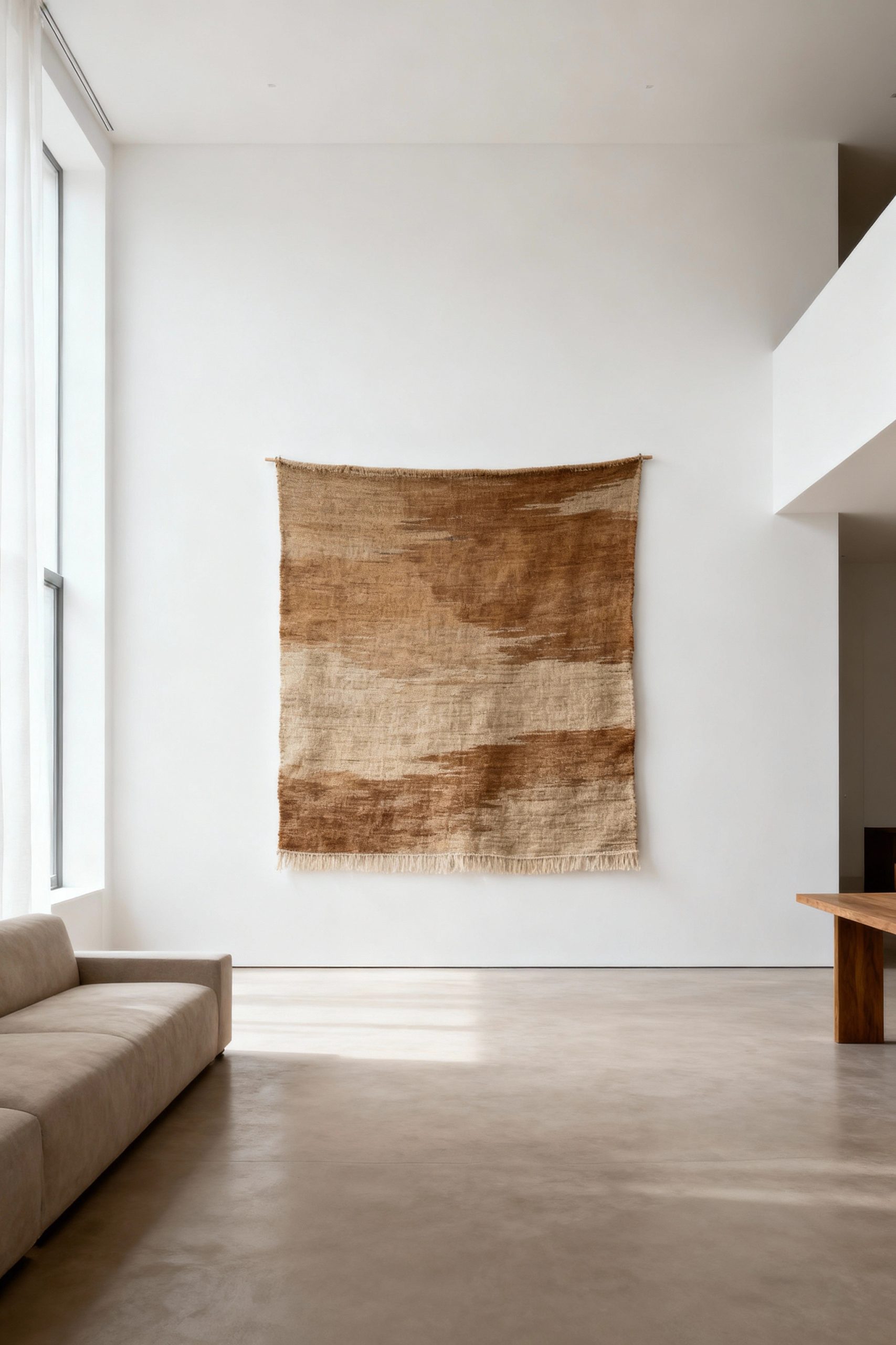 An oversized, neutral-toned woven tapestry serves as the main art piece on a white wall in a modern living room with a beige sofa and wooden table.
