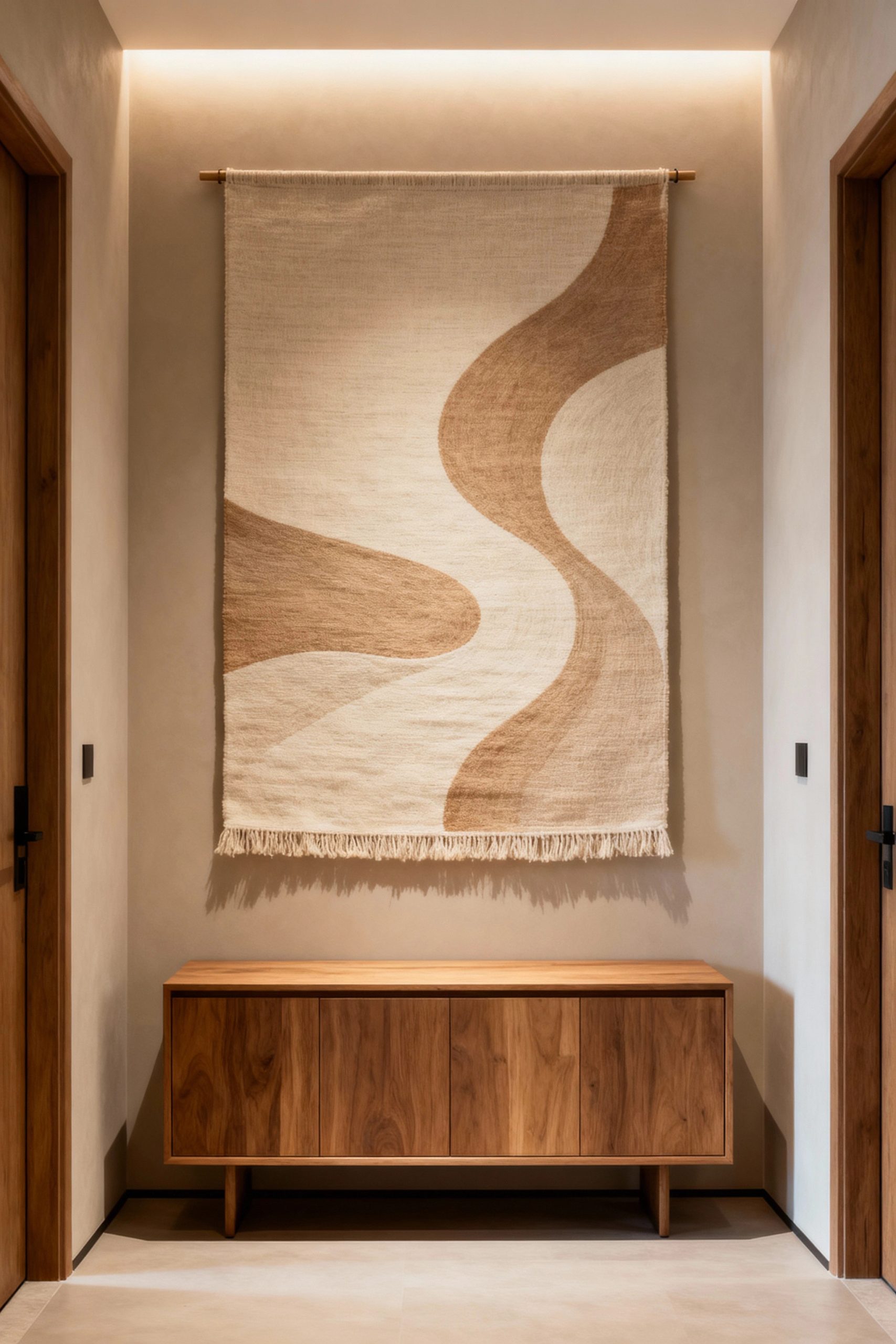 An elegant, large woven wall hanging with a modern abstract design in natural tones, styled above a wooden sideboard.