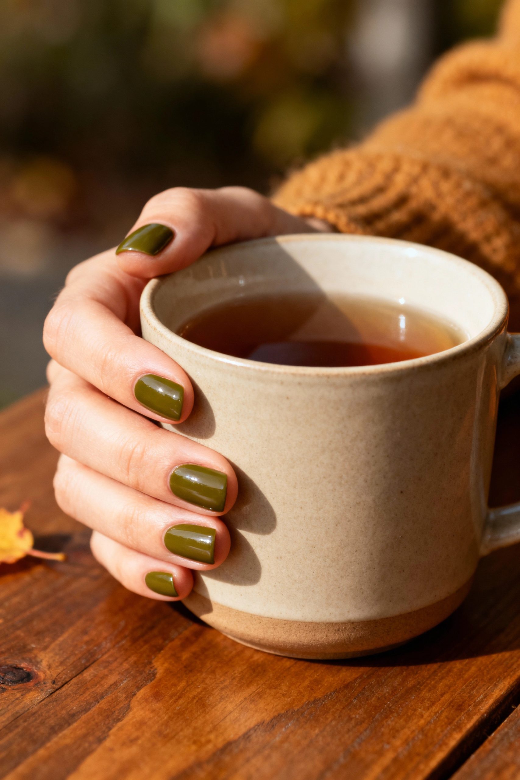 Hand with short nails painted in a deep glossy olive green holding a ceramic mug on a wooden table.