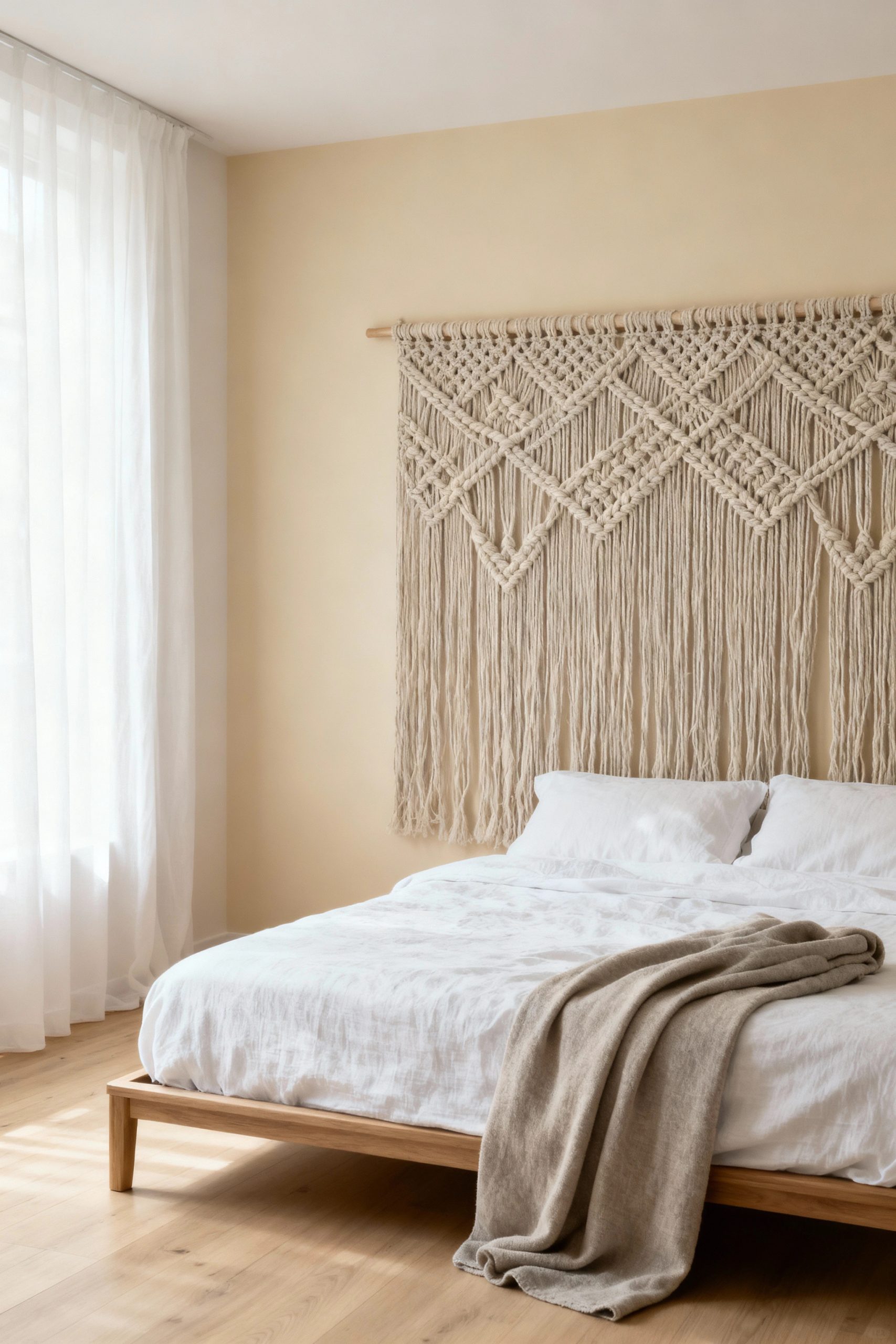 A wide, elegant macrame piece hung on the wall behind a bed, serving as a beautiful and textural headboard in a serene bedroom.