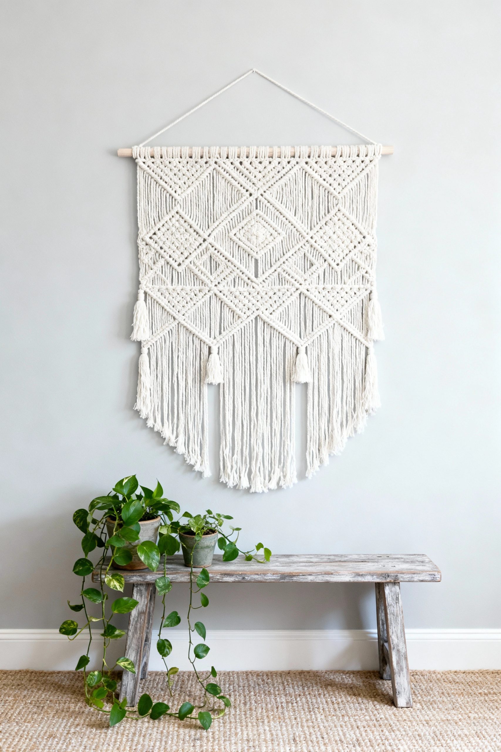 A classic, intricately patterned white macrame wall hanging is mounted on a light grey wall above a rustic wooden bench with lush green potted plants.
