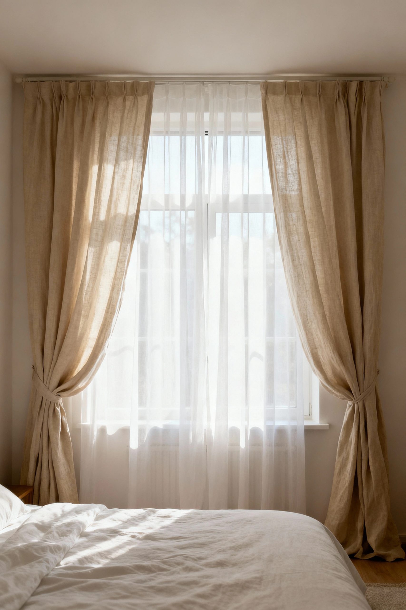 A bright bedroom window dressed with a combination of sheer white curtains for diffused light and heavier beige linen curtains pulled aside for style.