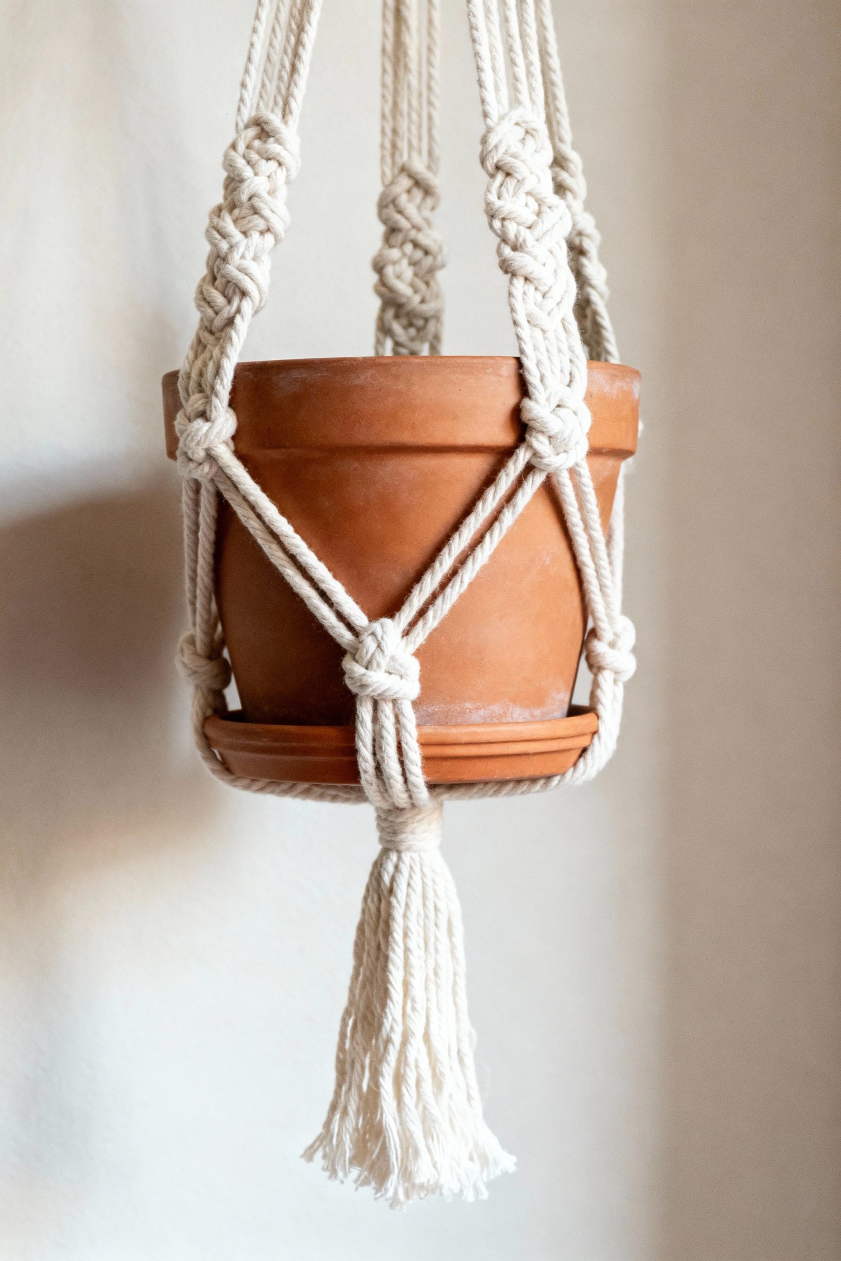 A close-up of a classic macrame plant hanger with detailed knotwork and a full tassel at the bottom, holding a rustic terracotta pot against a plain wall.