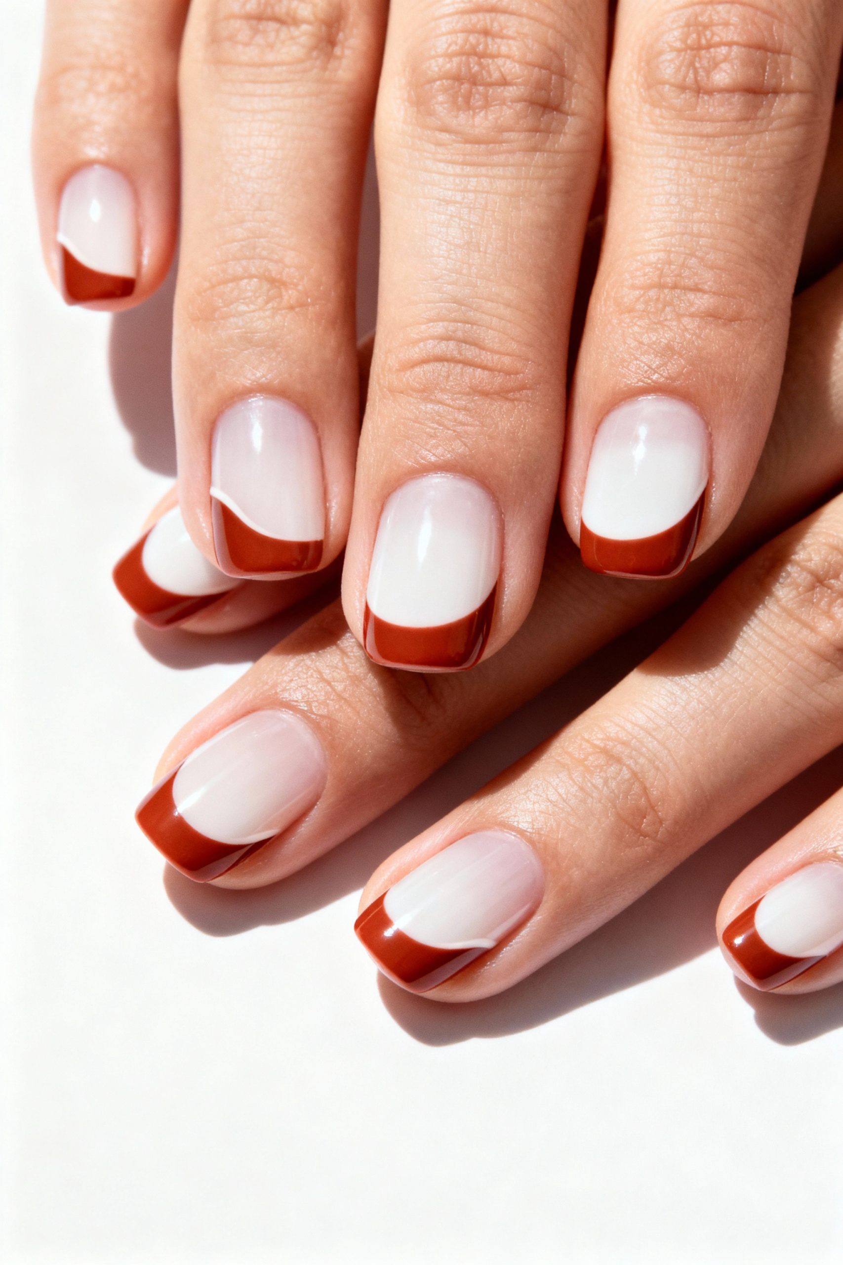 A detailed macro shot of a perfectly executed French manicure with rich, warm terracotta colored tips on a milky base.
