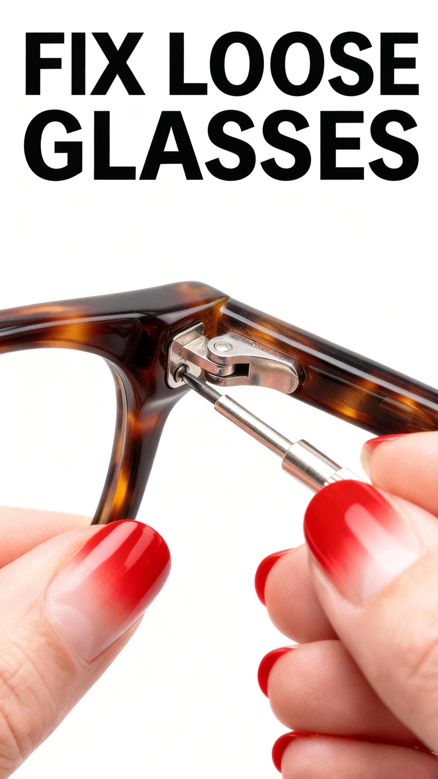 Macro shot of using a precision screwdriver to fix a loose screw on tortoiseshell glasses frames.