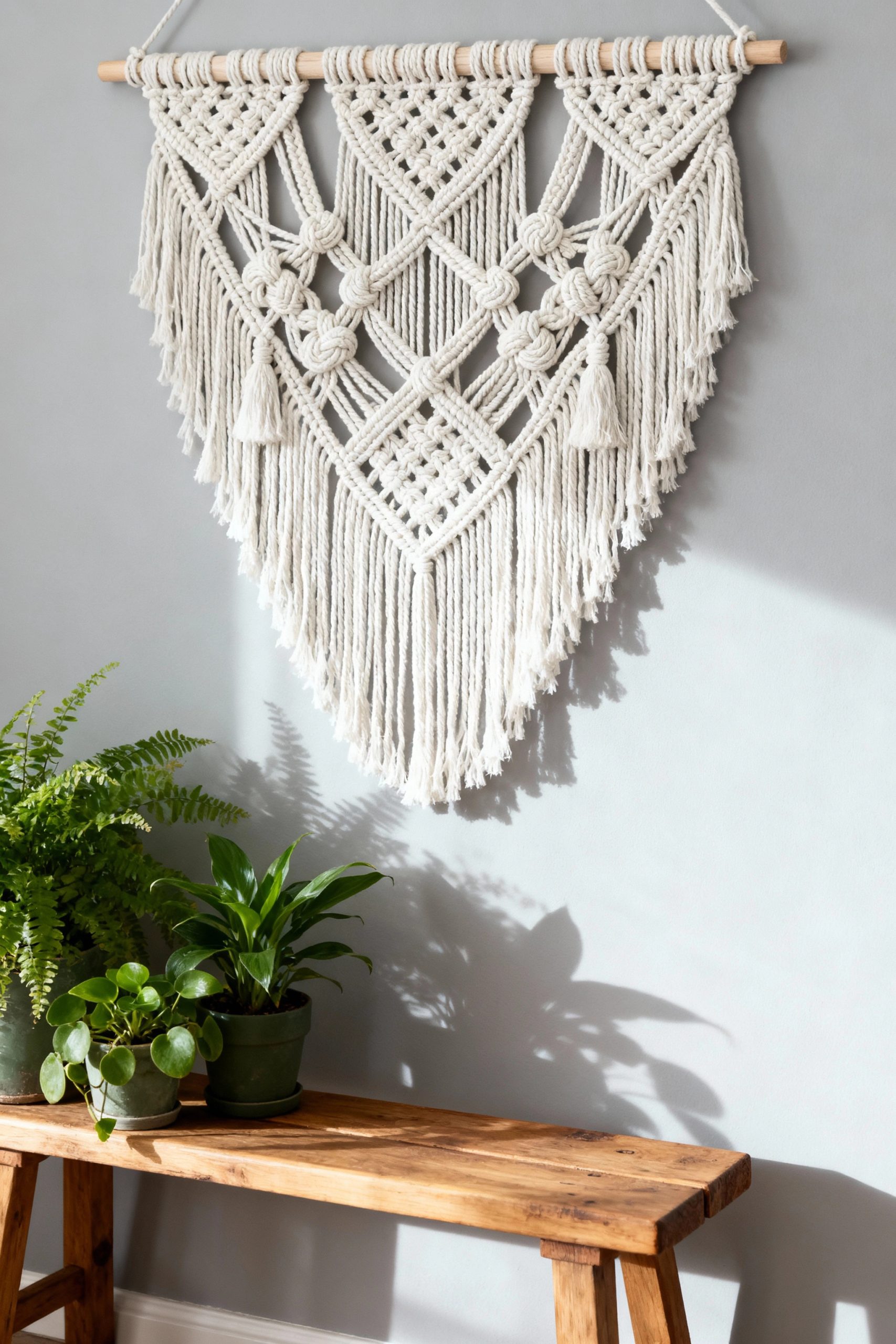 An elegant macrame wall hanging with knotted details and tassels on a pale wall. Below, a wooden bench holds several green houseplants, with soft light from the side.