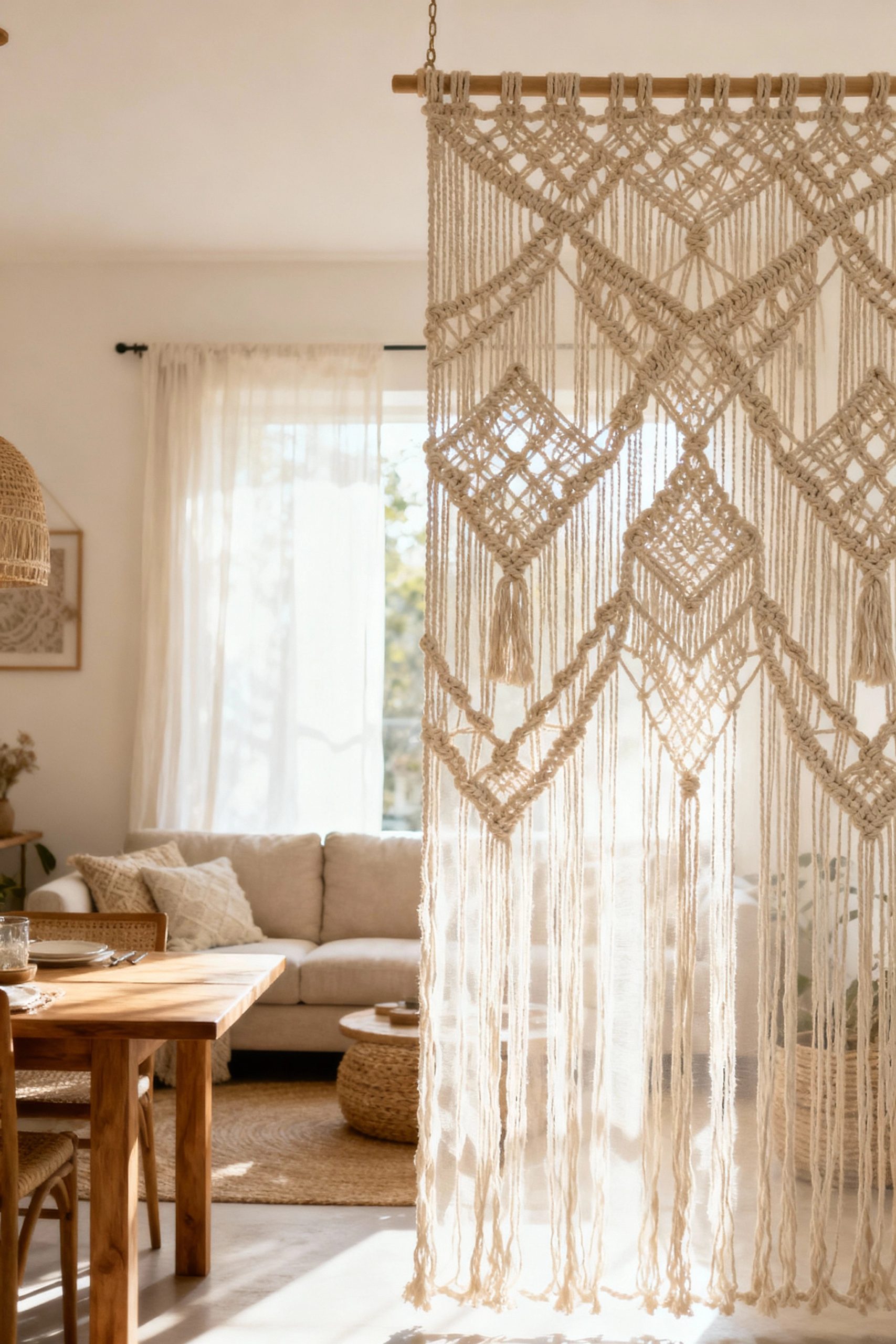 A wide macrame panel with intricate patterns hangs from the ceiling, acting as a textural and light-filtering screen between two areas in a bright, open-plan home.