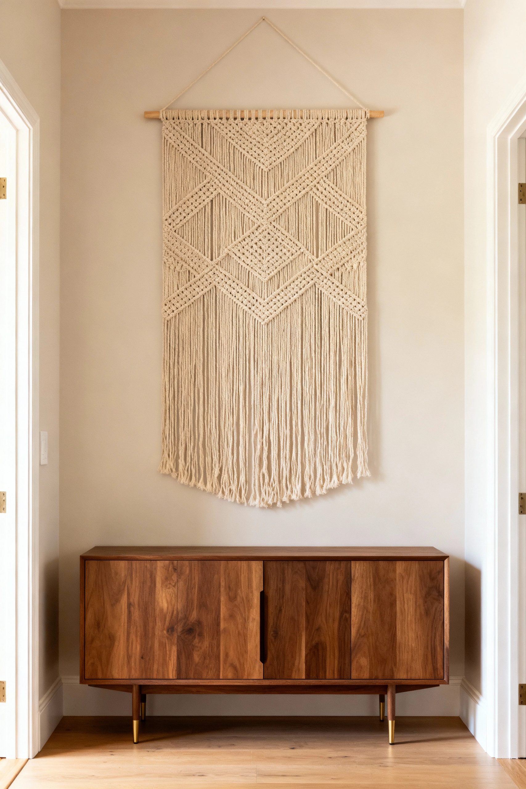 elegant-macrame-wall-hanging-decor An elegant, large macrame wall hanging with a geometric design, styled above a modern wooden sideboard in an entryway.
