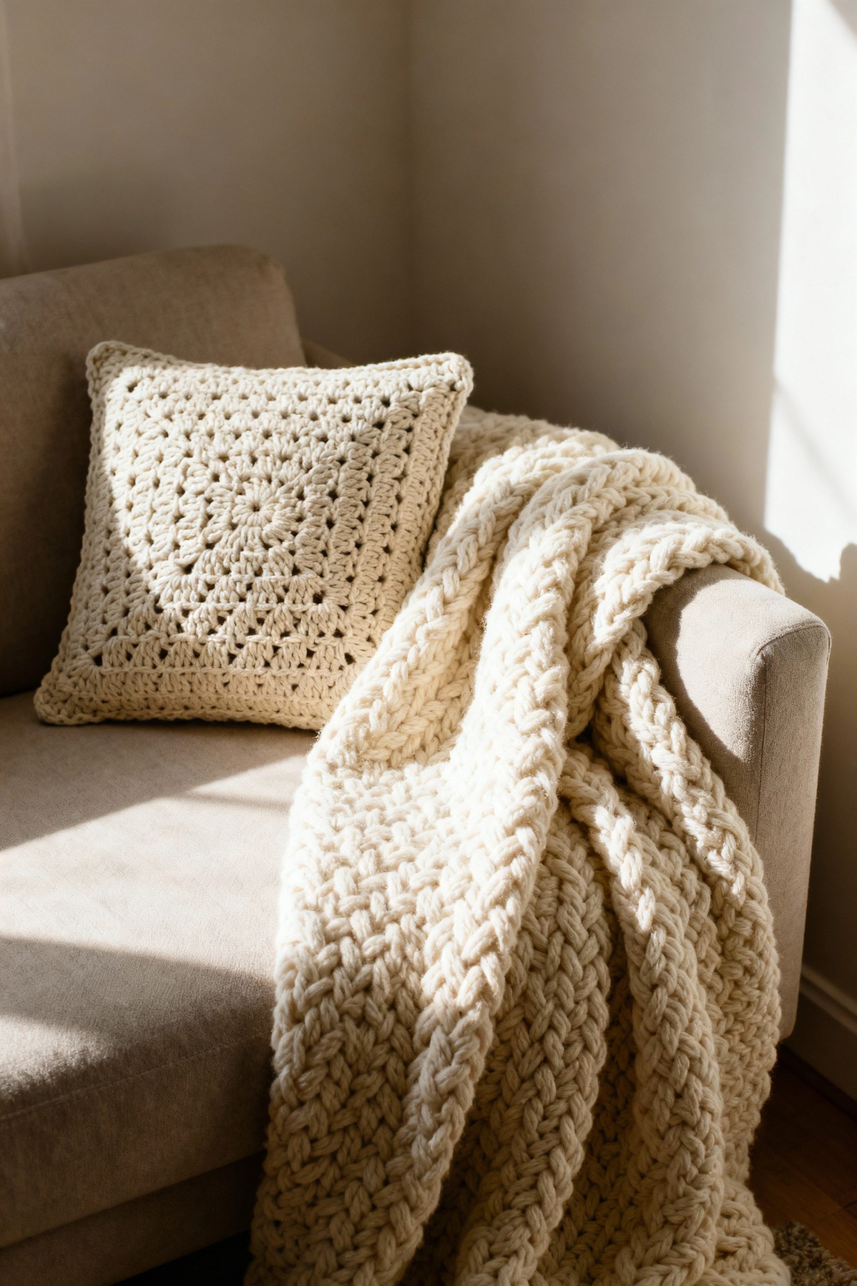 A cozy sofa corner styled with a cream-colored chunky knit blanket and a square crocheted cushion, bathed in natural light.