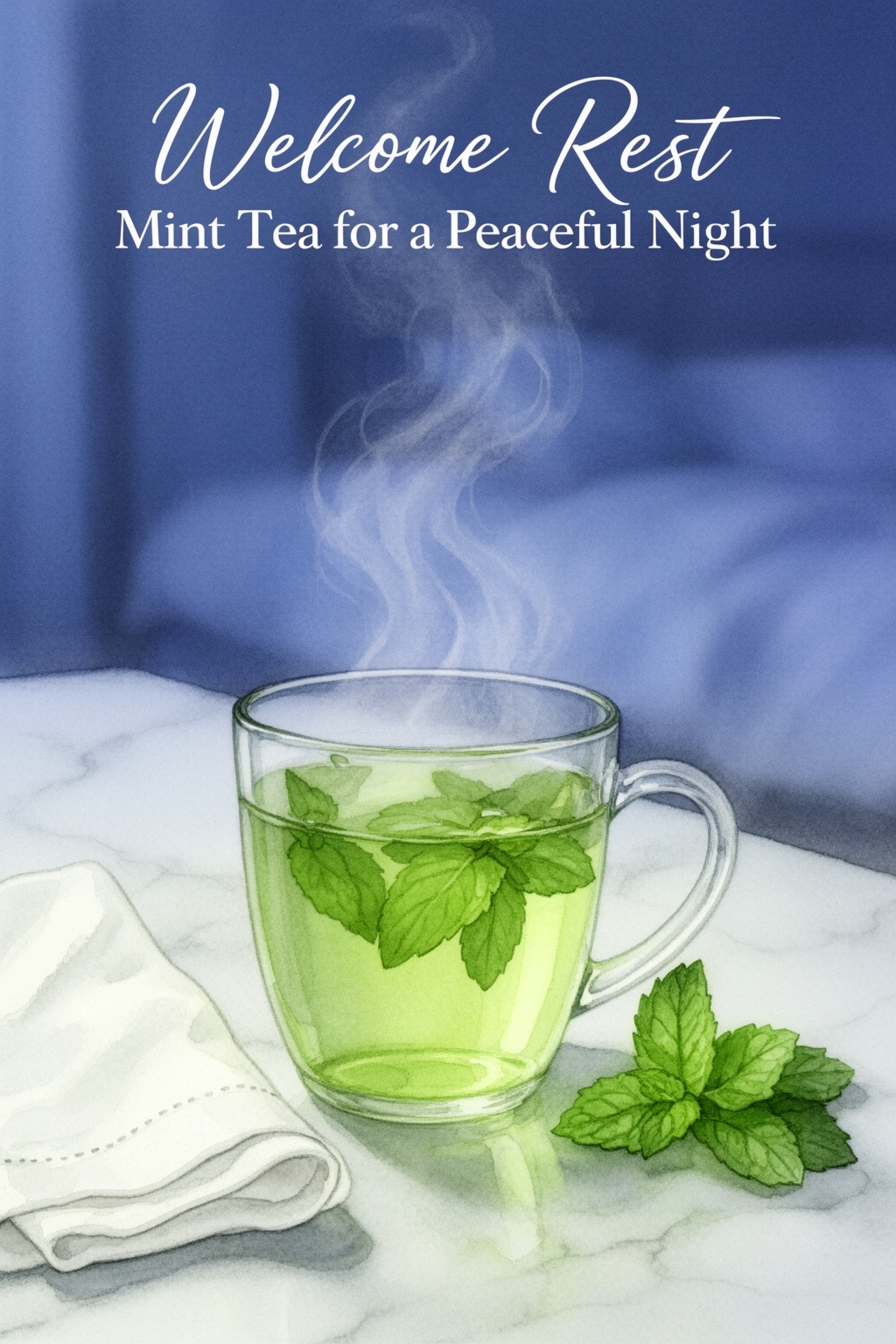 A clear glass mug of fresh mint tea on a white marble surface, with a deep blue background, illustrating a peaceful night ritual for rest during perimenopause.